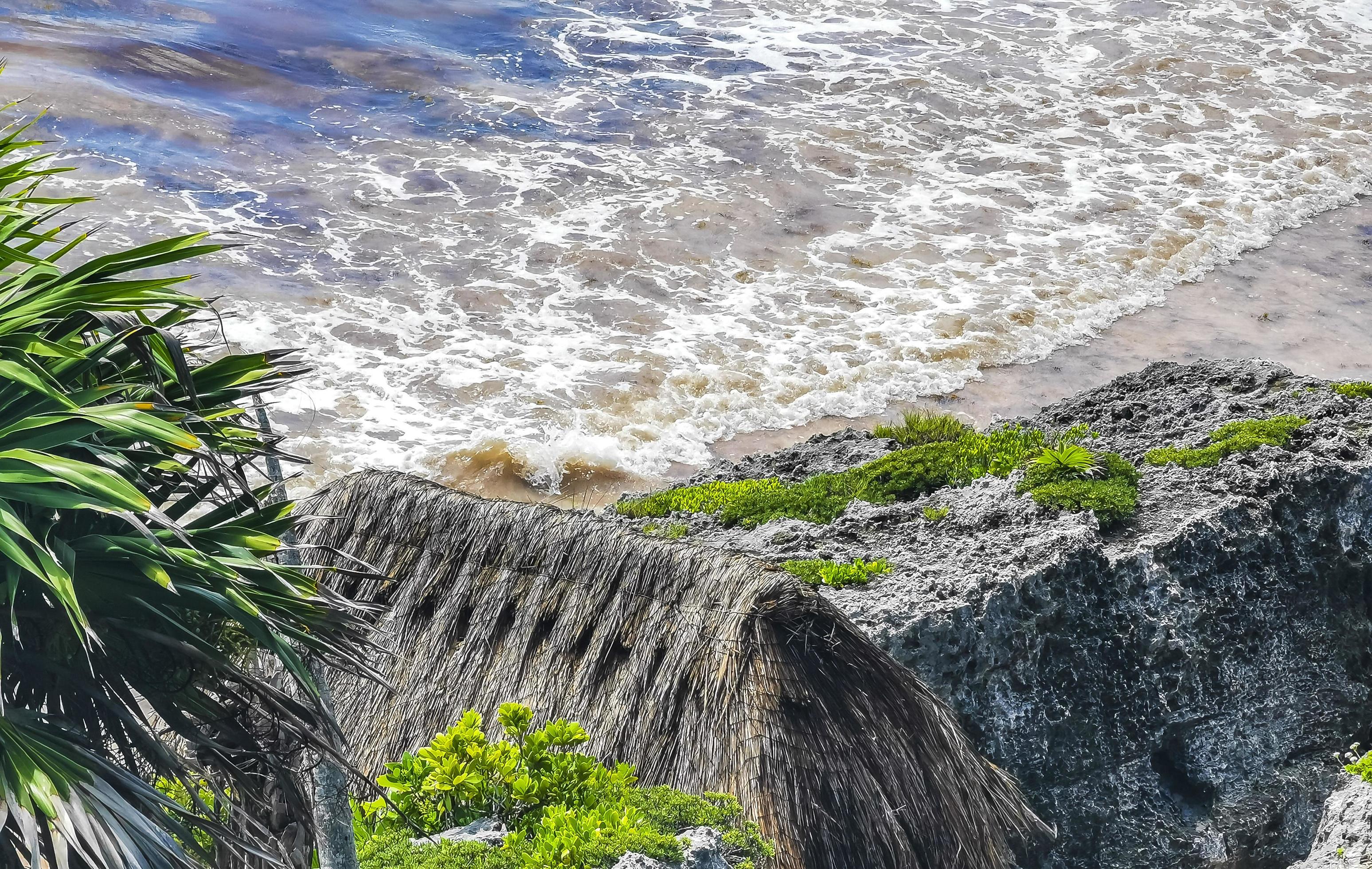 Natural seascape panorama view Tulum ruins Mayan site temple Mexico. Stock Free