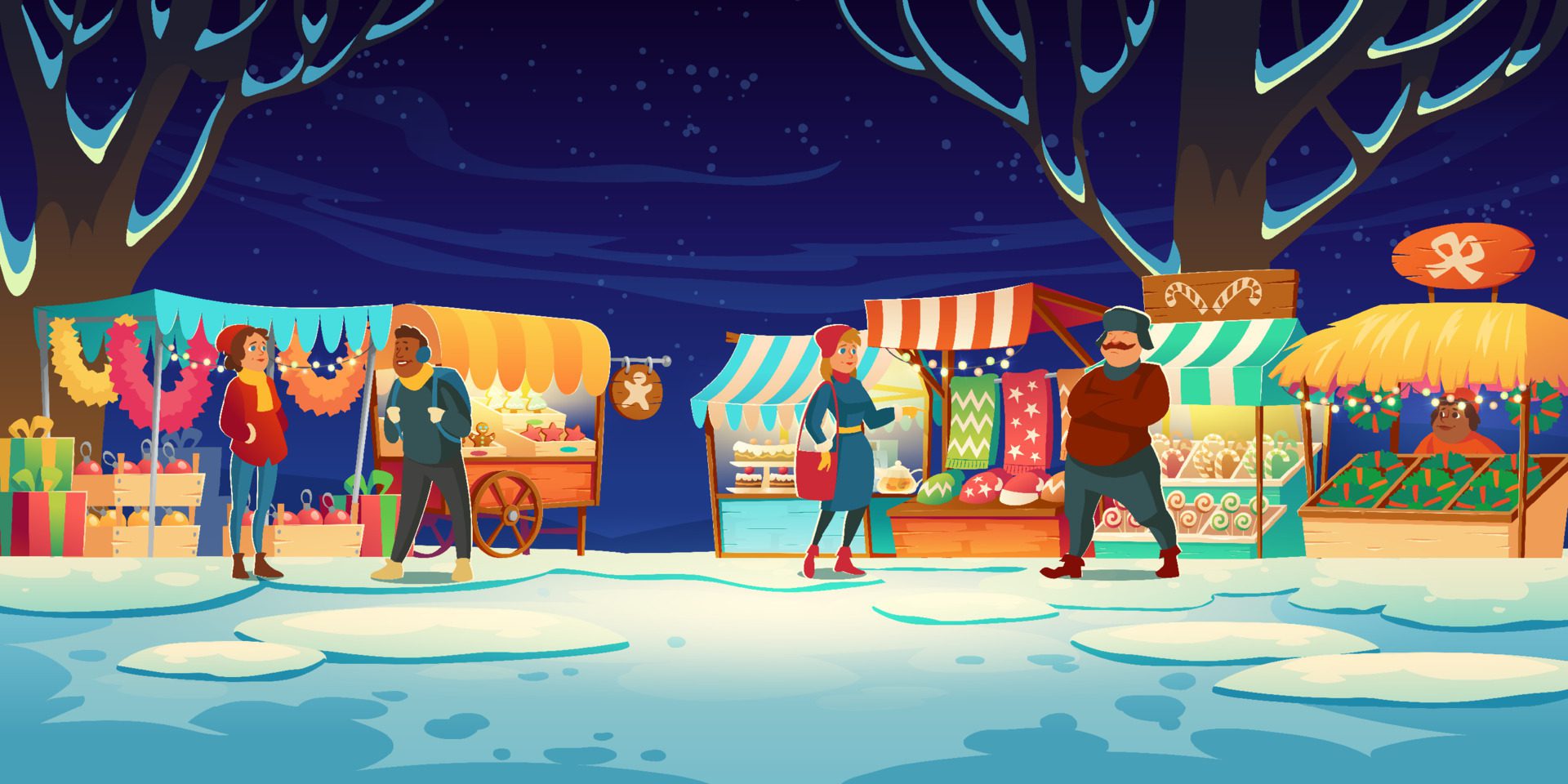 People on Christmas fair with market stalls Free Vector