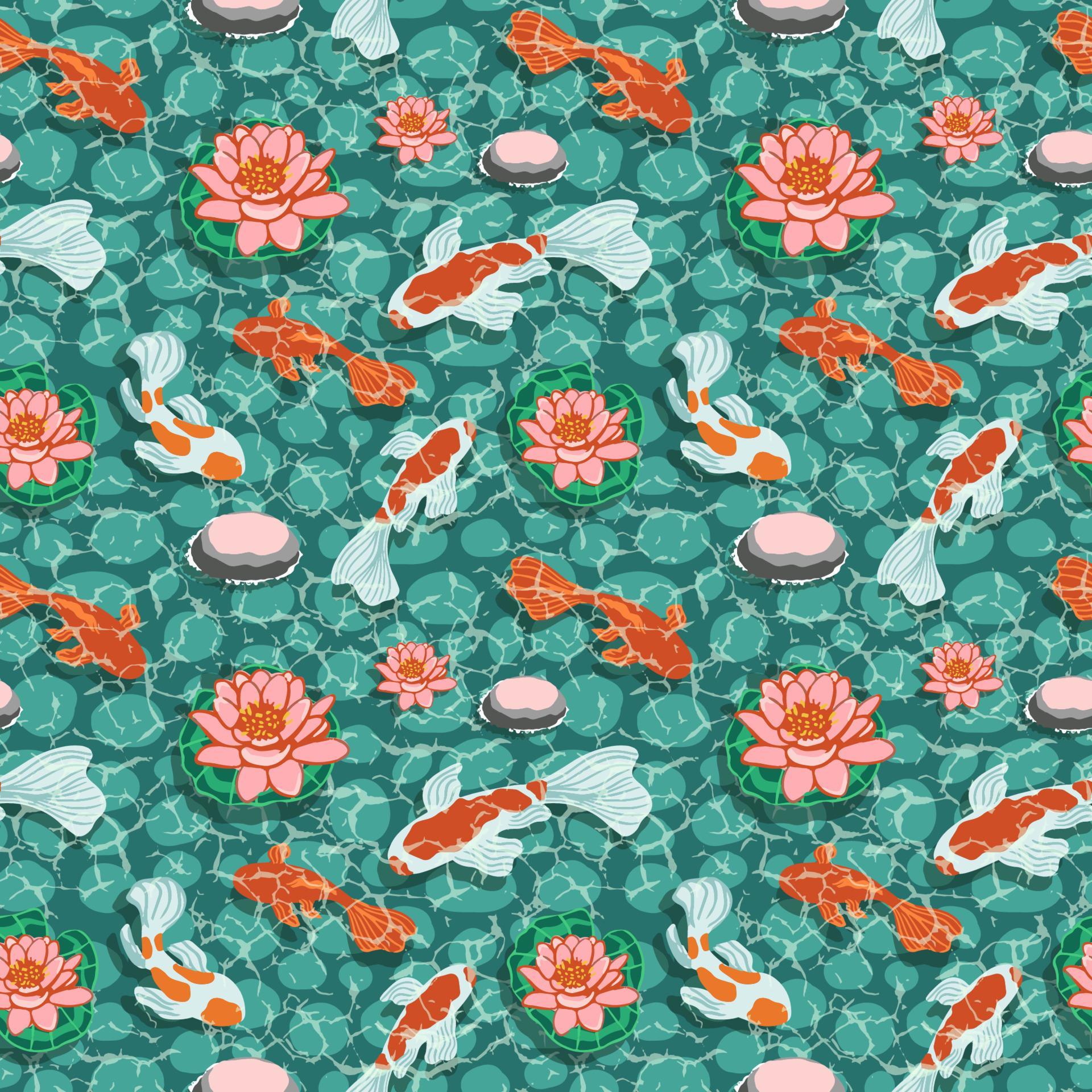 Seamless pattern with flowers and carps koi . Vector illustration Stock Free