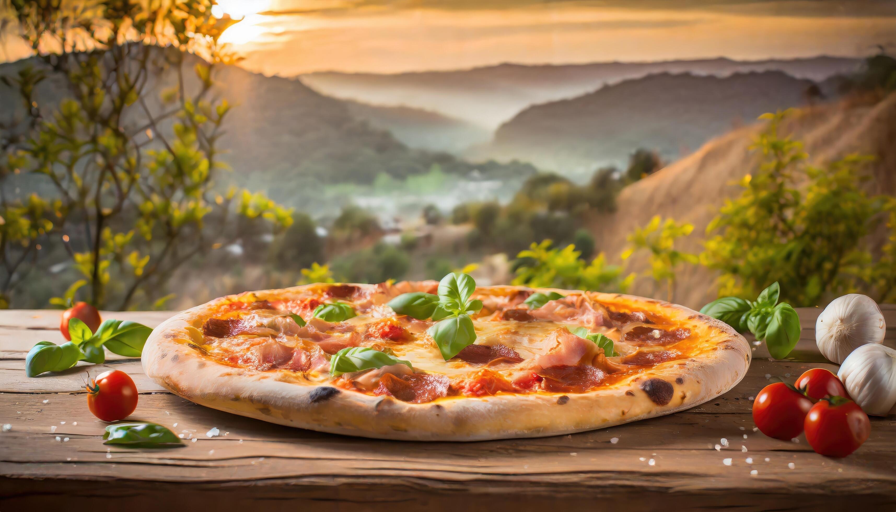 Copy Space image of Pizza Margherita on wooden background, landscape view background. Stock Free