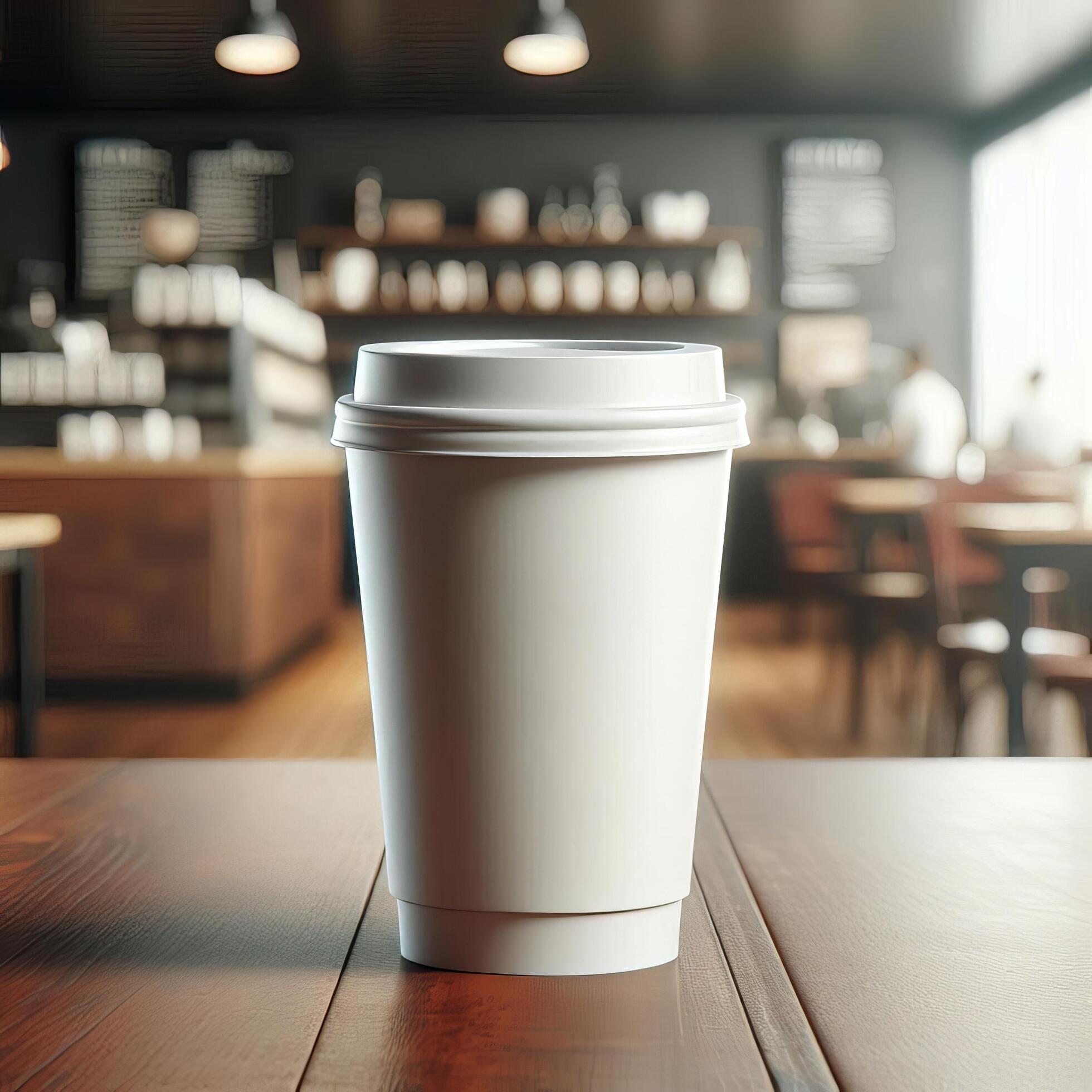 Vibrant Takeaway Cup in Various Colors with a Blurred Coffee Shop Background for Mockup and Branding Use Stock Free