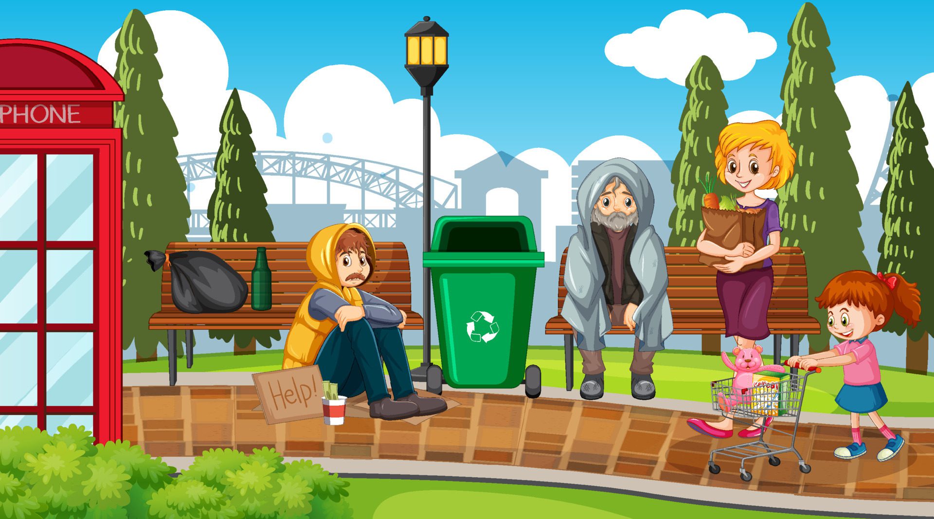 Outdoor scene with homeless people Free Vector