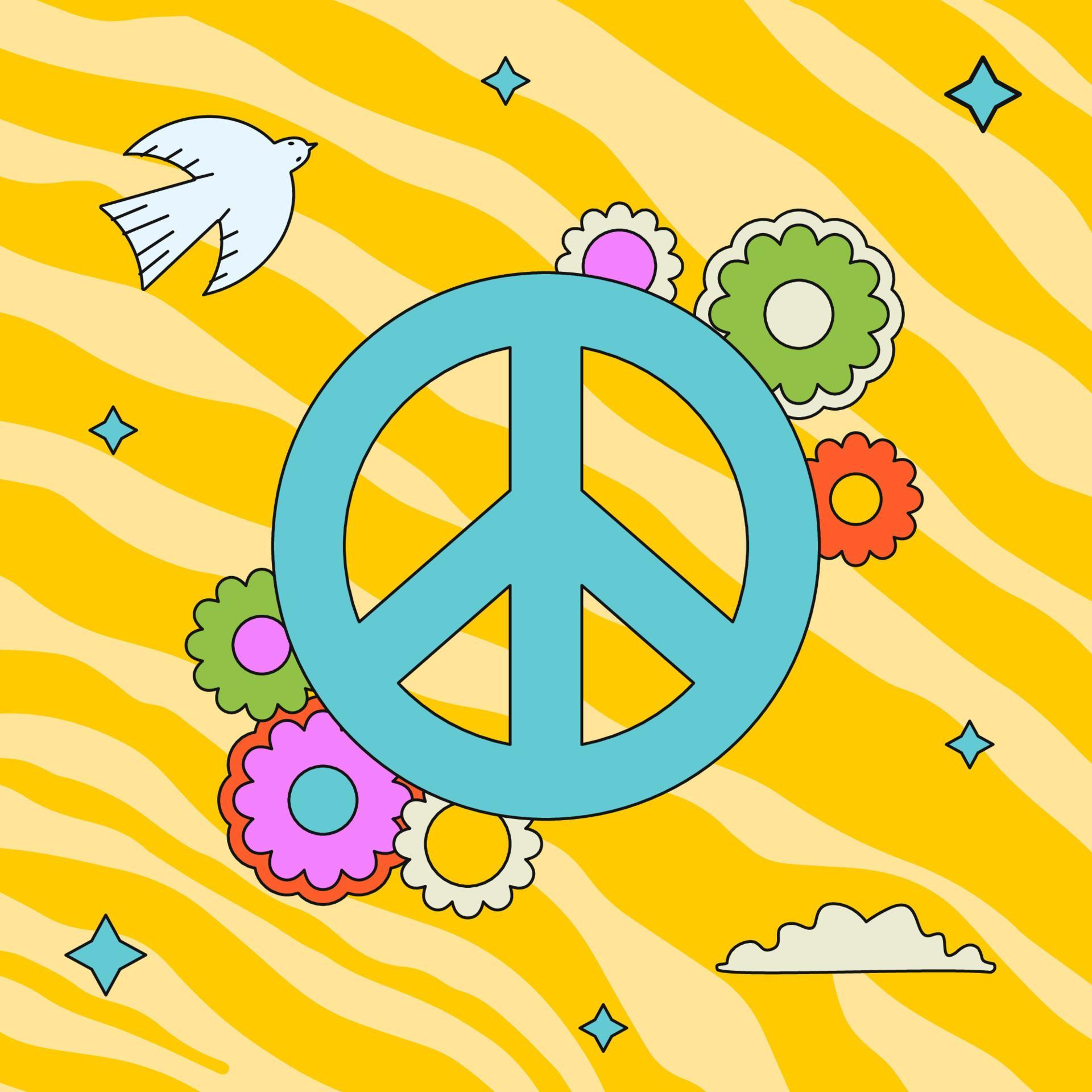 Colourful groovy illustration with pacificus sign and flowers. Hippy outlined sticker. Stock Free