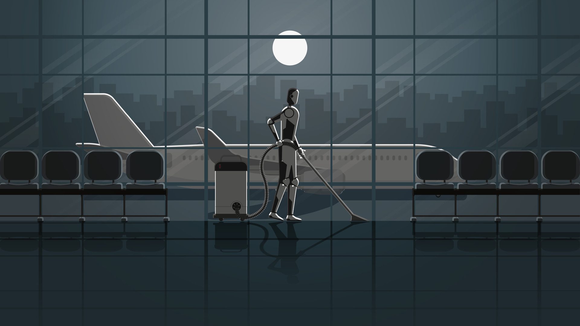 robot work in the airport terminal for 24 hours in the dark and full moonlight without people. Free Vector