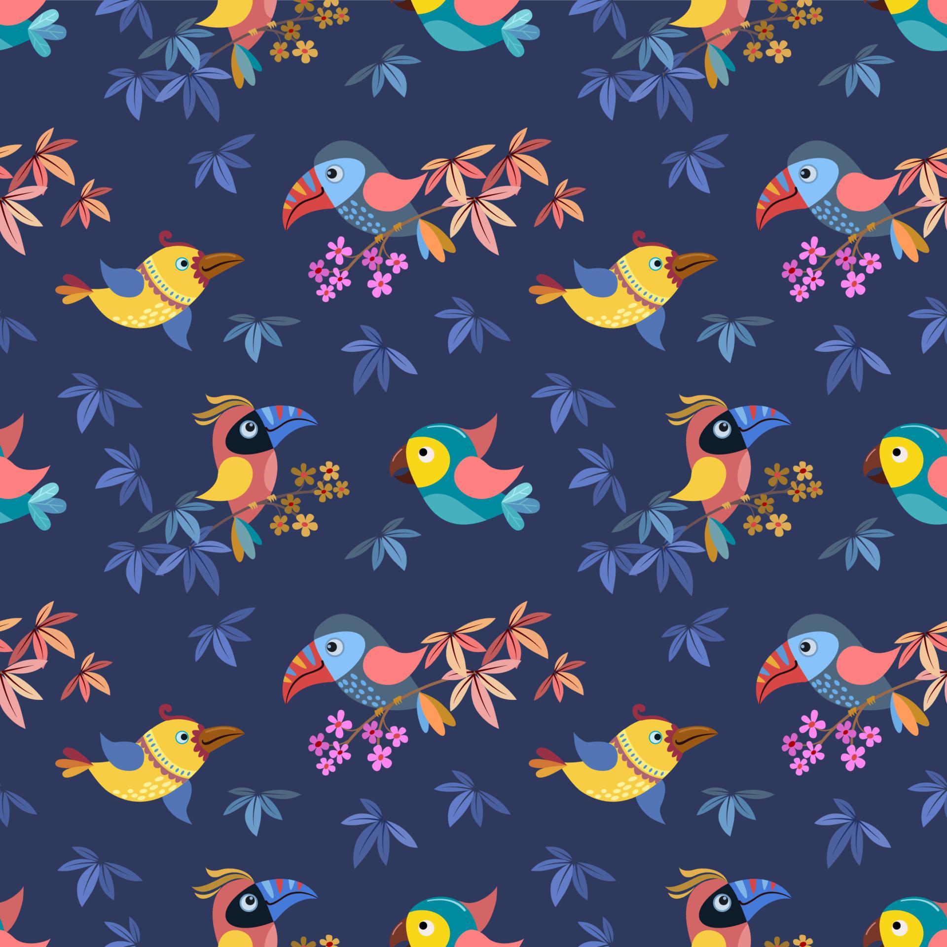 Cute colorful cartoon bird on branch with flowers pattern. Stock Free