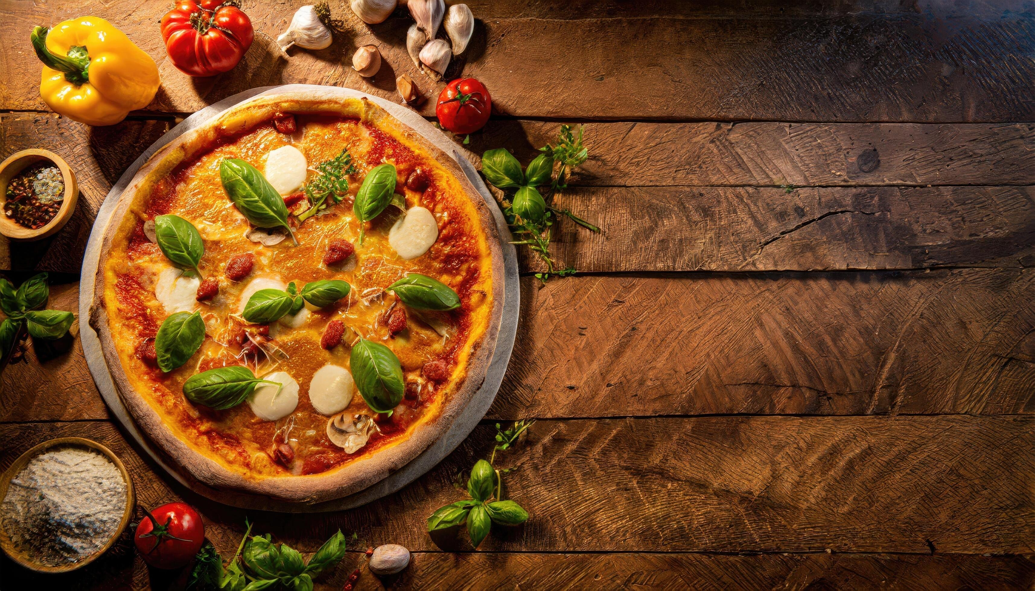 Copy Space image of Pizza Margherita on wooden background, Pizza Margarita with Tomatoes, Stock Free