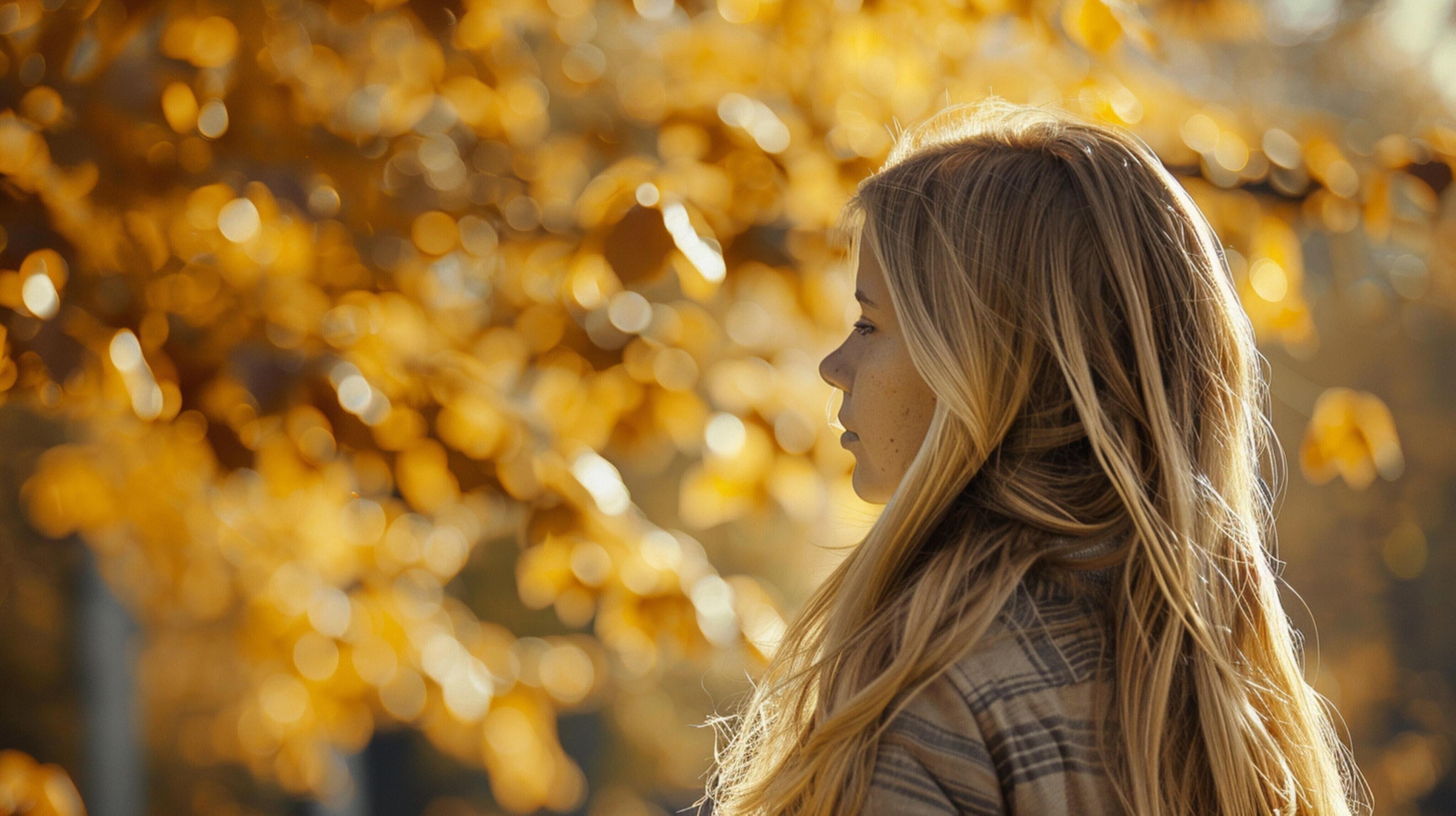 young woman with long blond hair enjoying autumn Stock Free