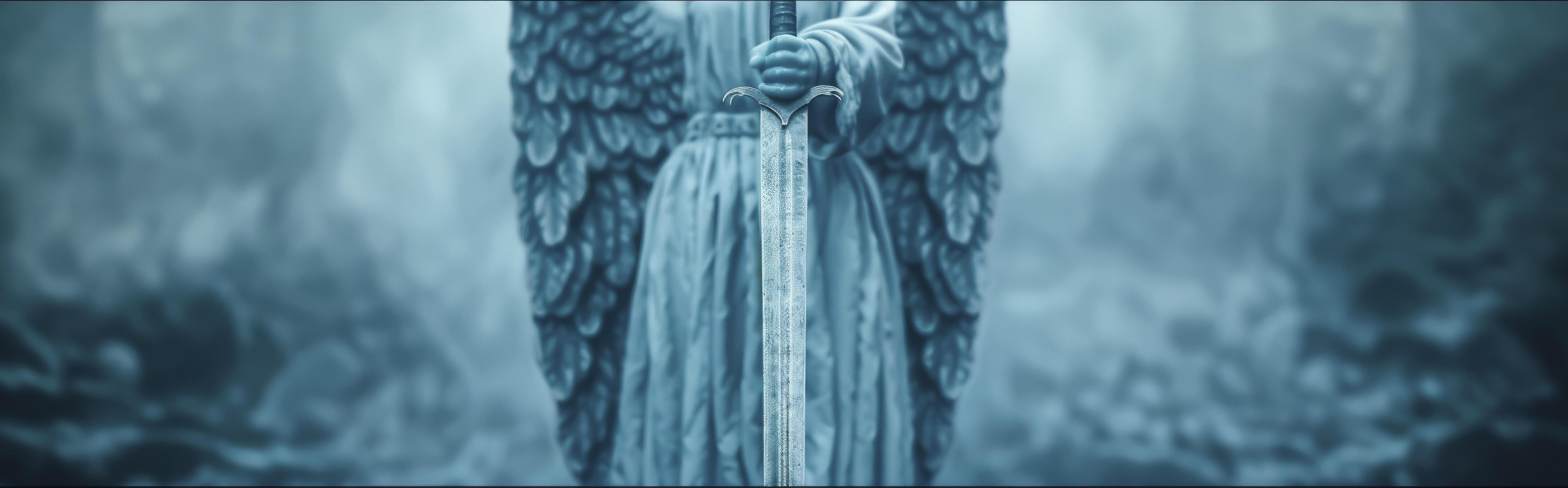 a sculpture of an angel holding a sword in blue colour hue on dark background Stock Free