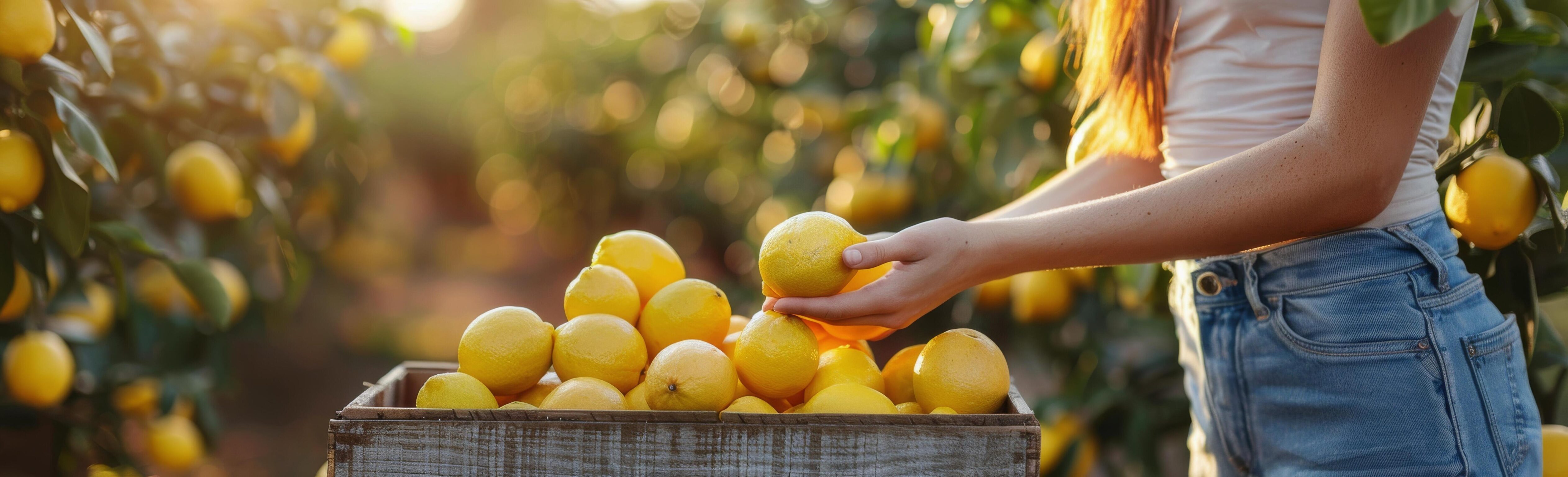 Woman Harvesting Ripe Lemons in a Sunny Orchard at Sunset Stock Free