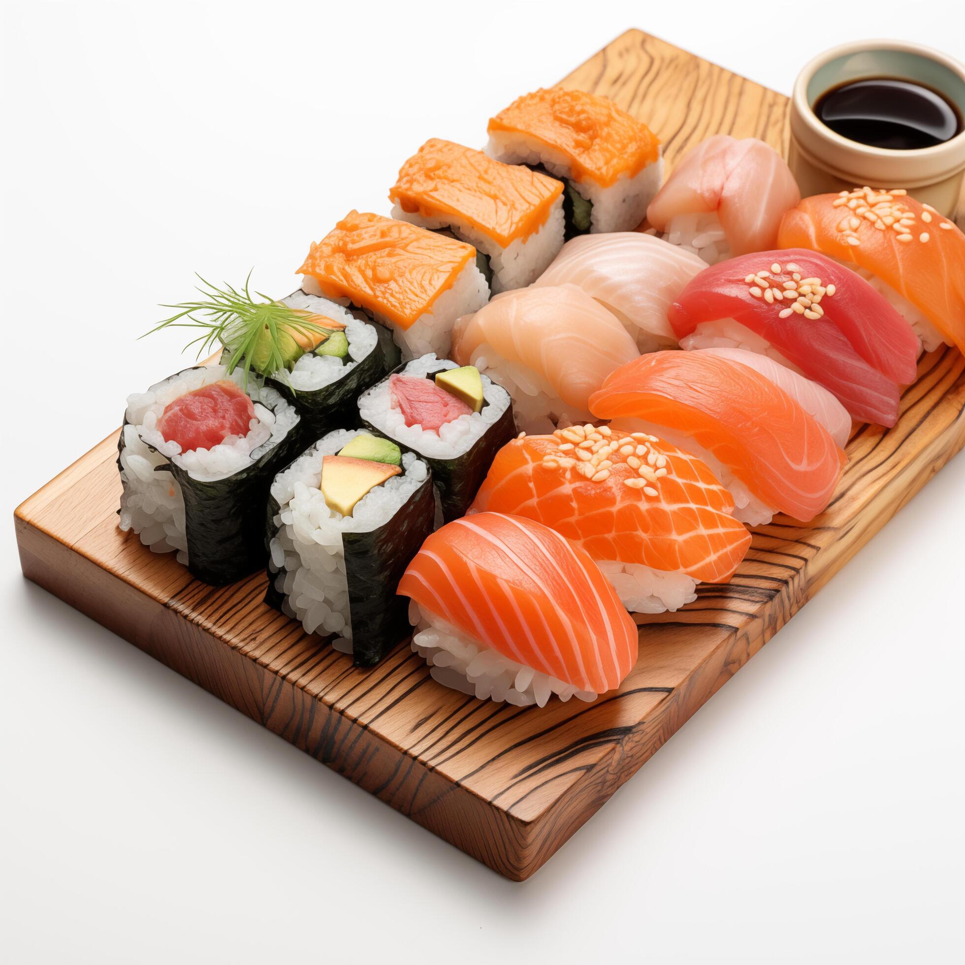 
									Wooden desk with different kinds of sushi isolated on white background. Photo for restaurant menu, advertising, delivery, banner Stock Free