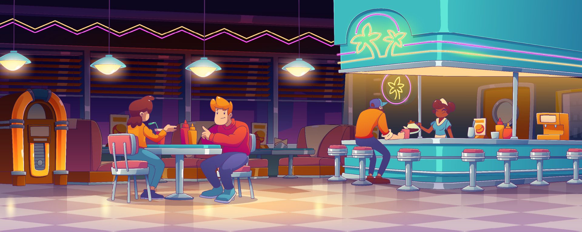 Diner, american restaurant interior with people Free Vector