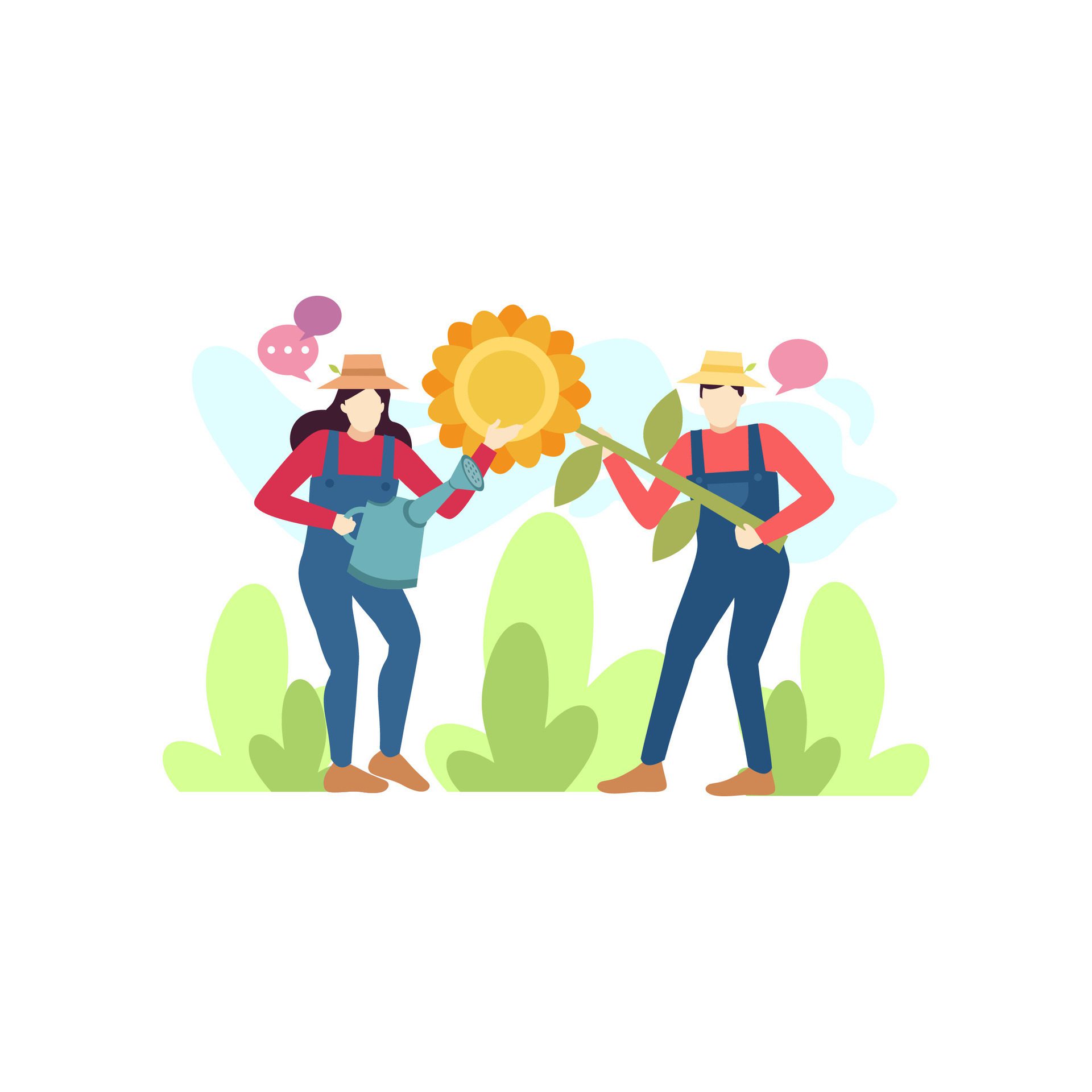 man and woman farmer are talking about sunflower plant care people character flat design vector illustration Free Vector and Free SVG