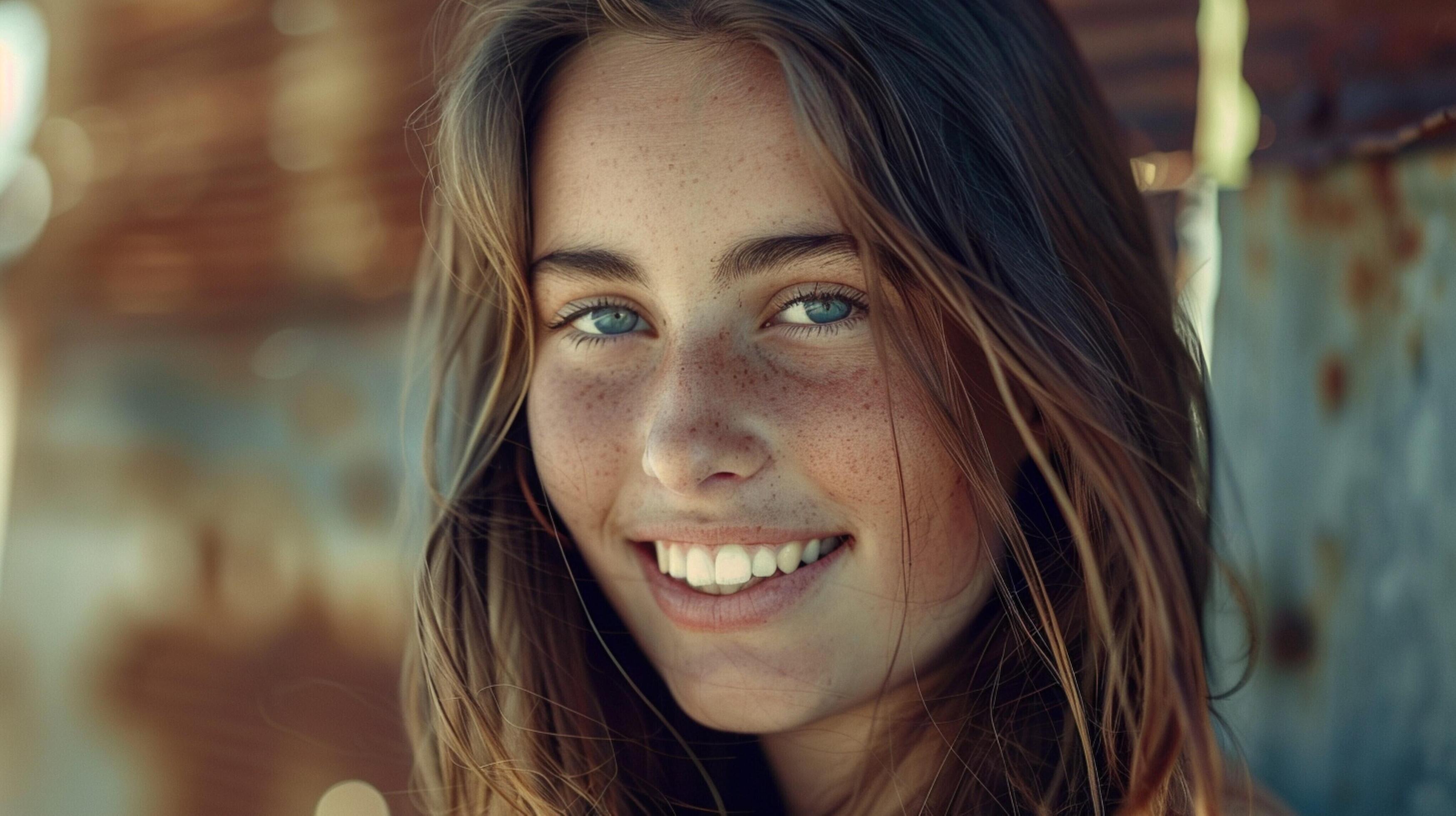 young woman with long brown hair smiling Stock Free