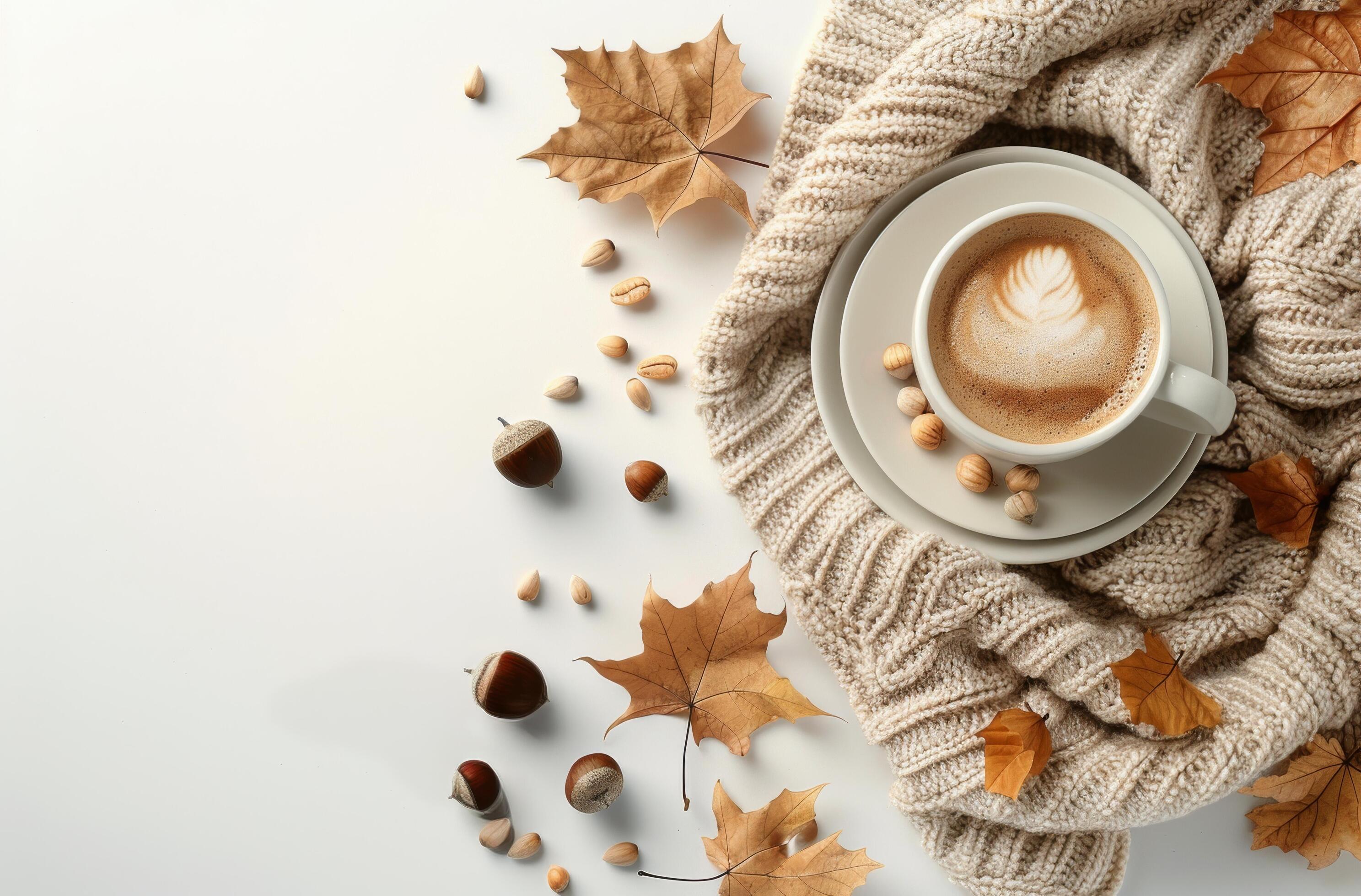 Autumnal Coffee With Knit Blanket and Acrons on White Background Stock Free