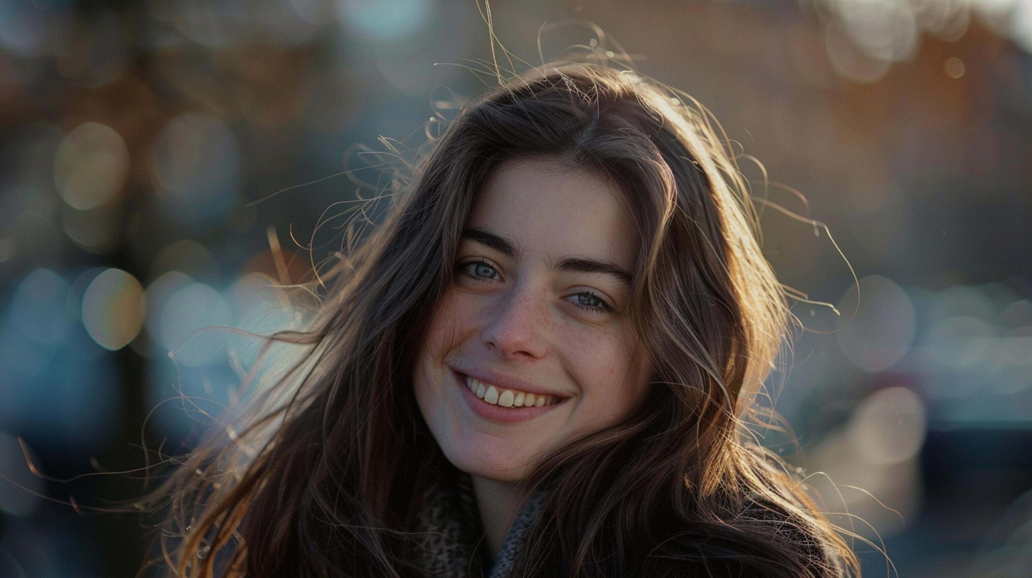 young woman with long brown hair smiling Stock Free