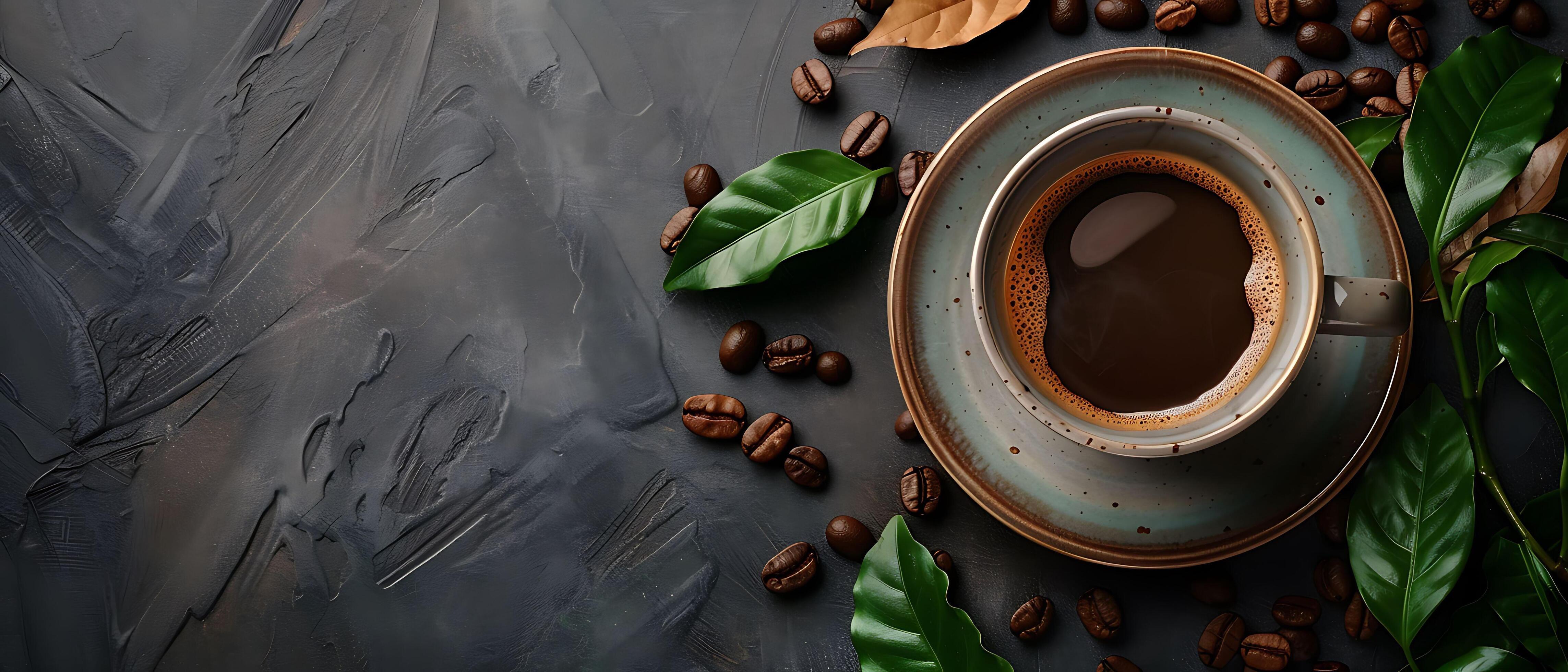 Nostalgic Vintage Coffee Cup and Saucer with Scattered Beans on Dark Stone Background for Copy Space Stock Free