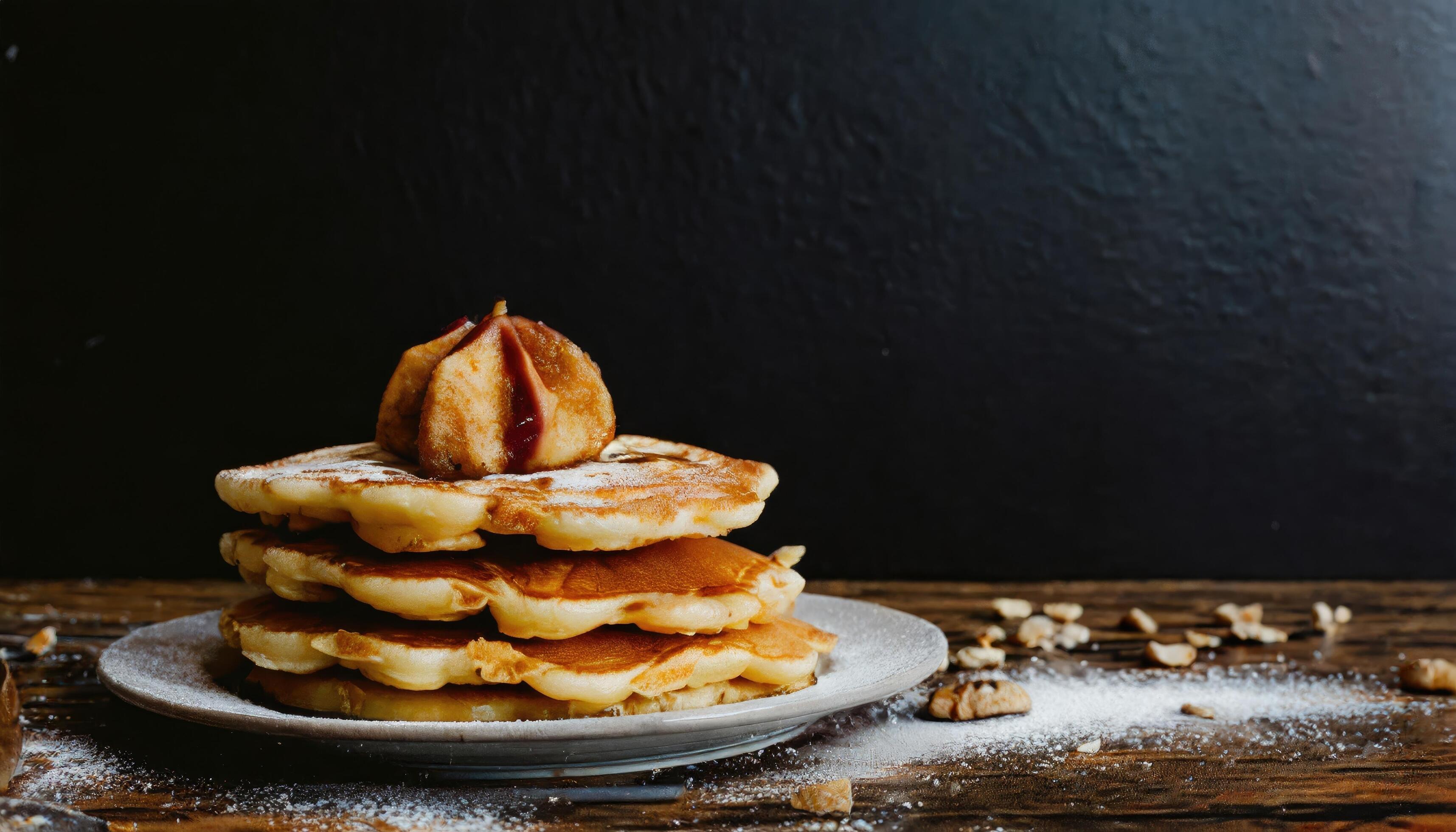 Copy Space image of Belgian waffles with berries on slate plate on dark wooden background. Stock Free