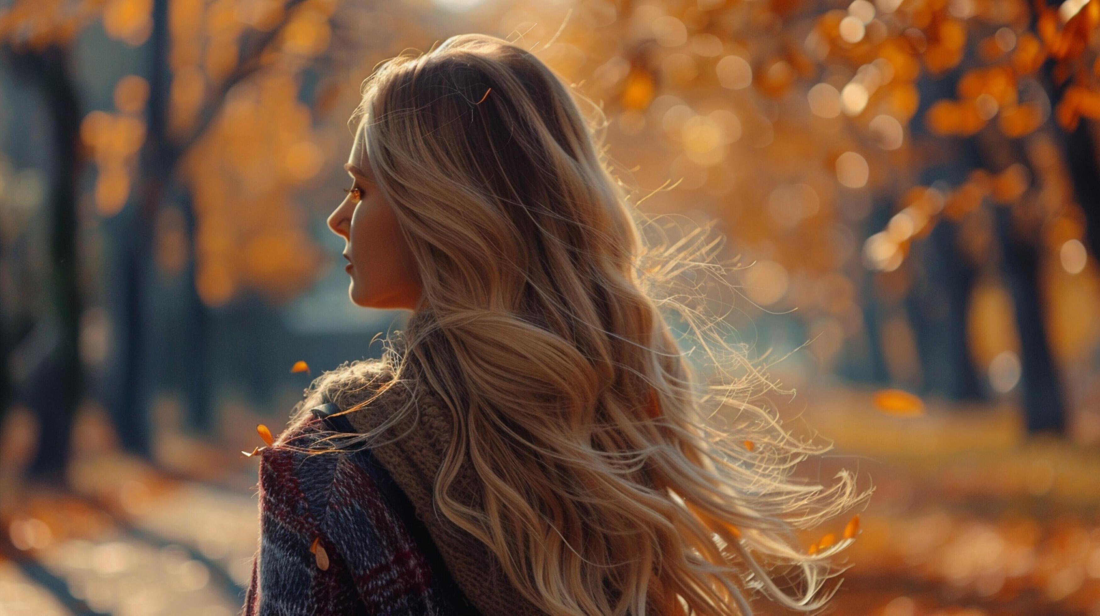 young woman with long blond hair enjoying autumn Stock Free