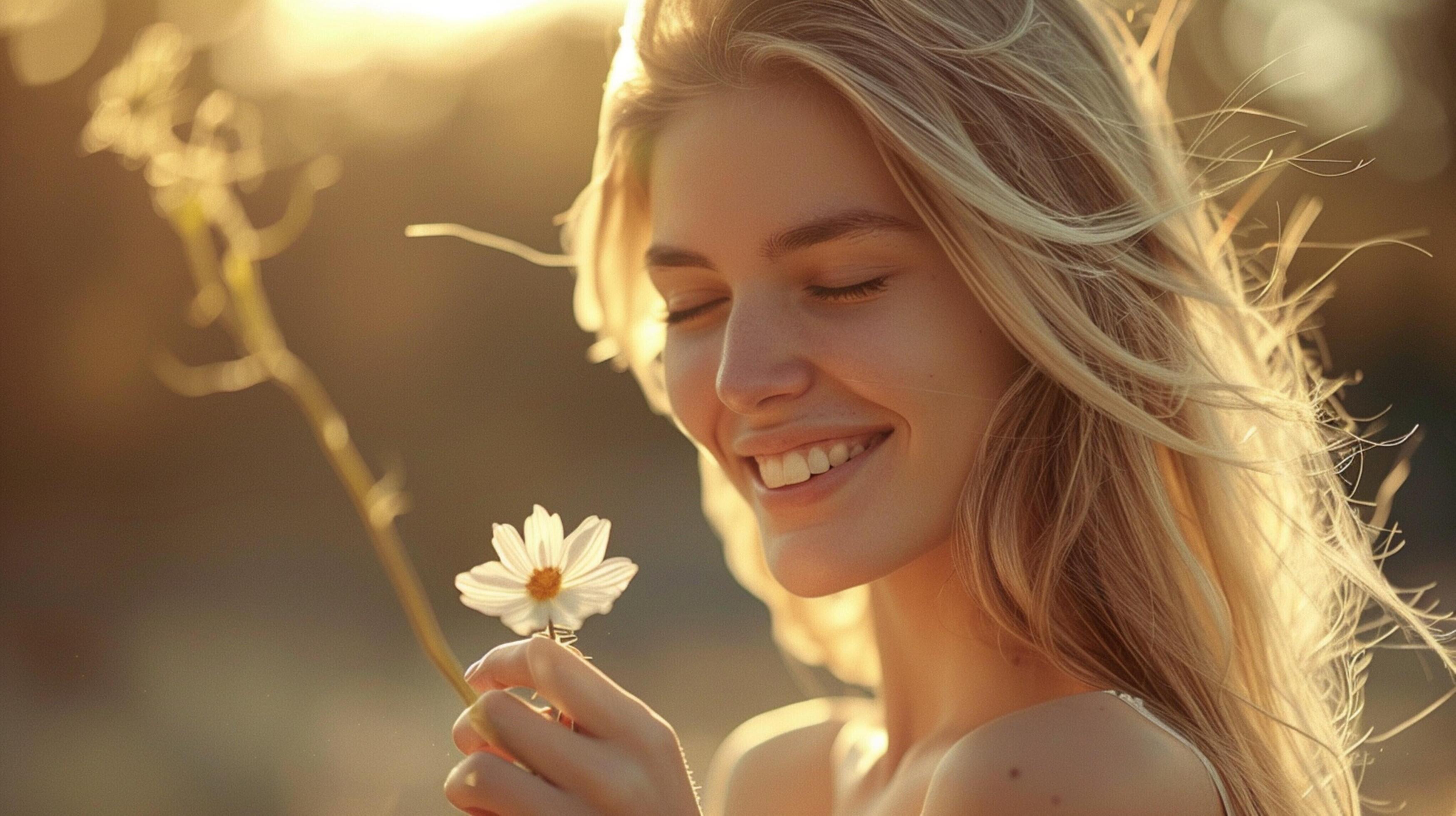 young woman with long blond hair smiling Stock Free