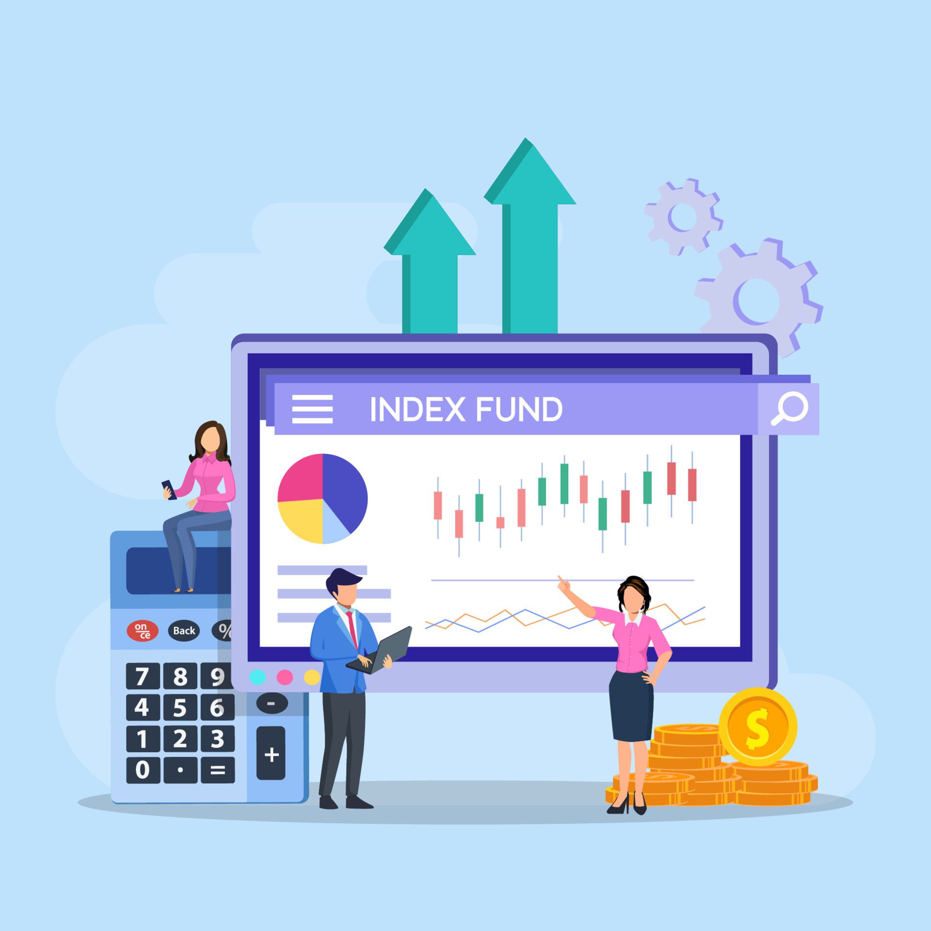 Index fund concept. business people analyzing a growth index fund graph vector illustration. Free Vector