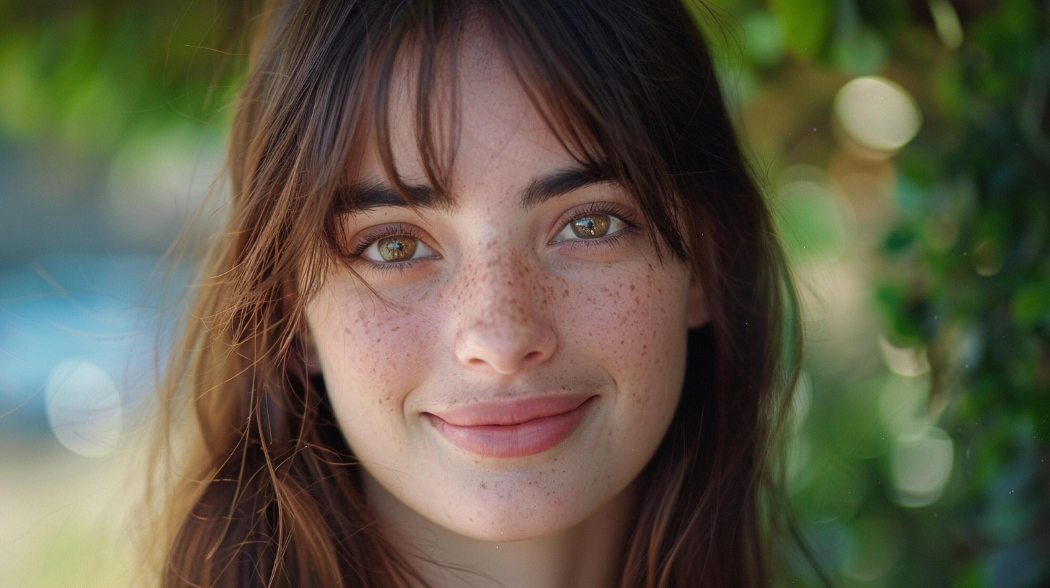 young woman with long brown hair smiling Stock Free