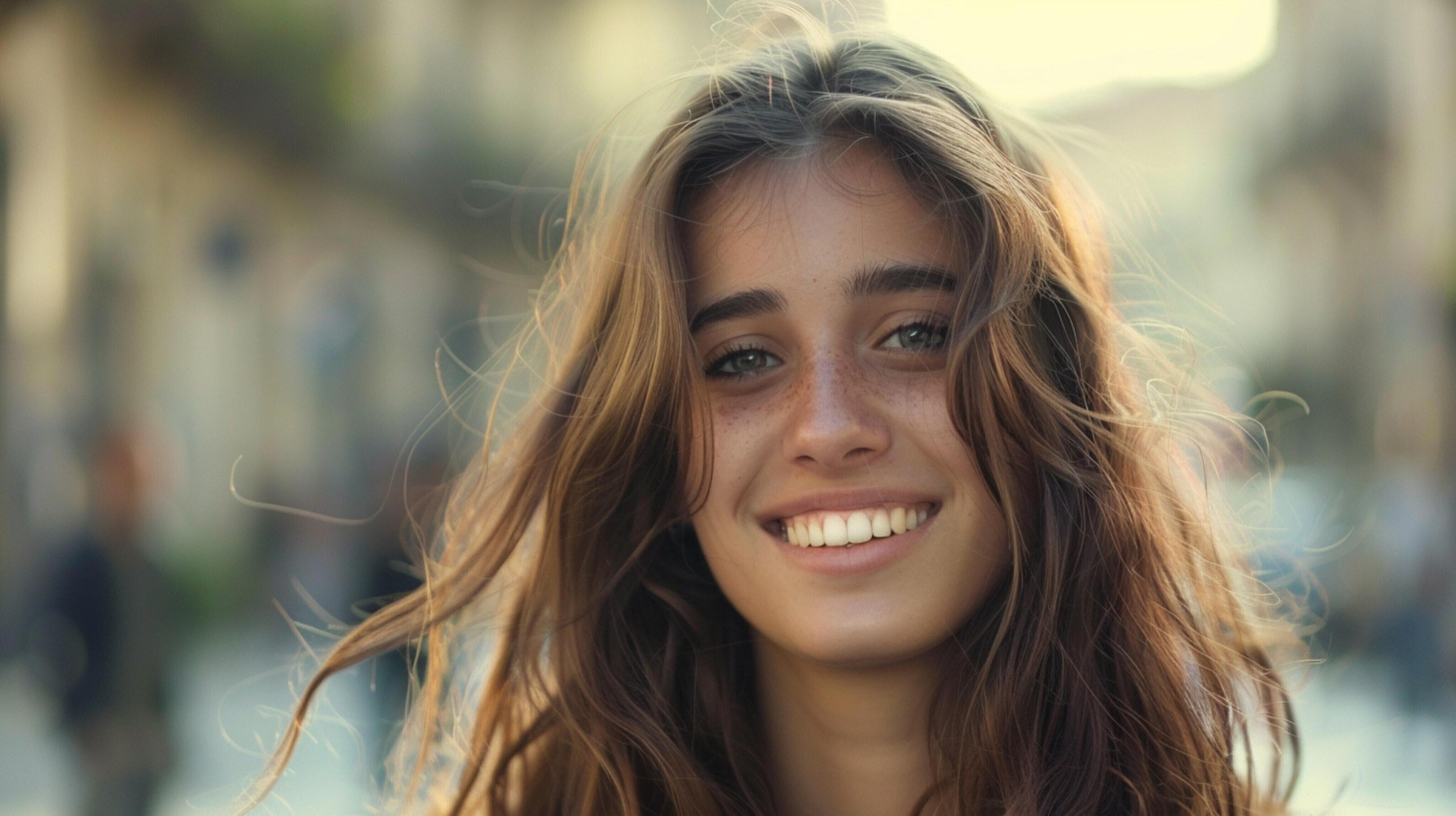 young woman with long brown hair smiling Stock Free