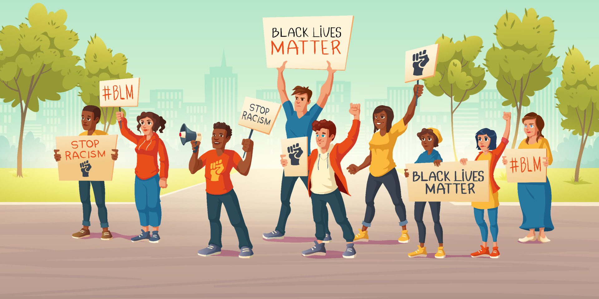 People hold banners with black lives matter Free Vector