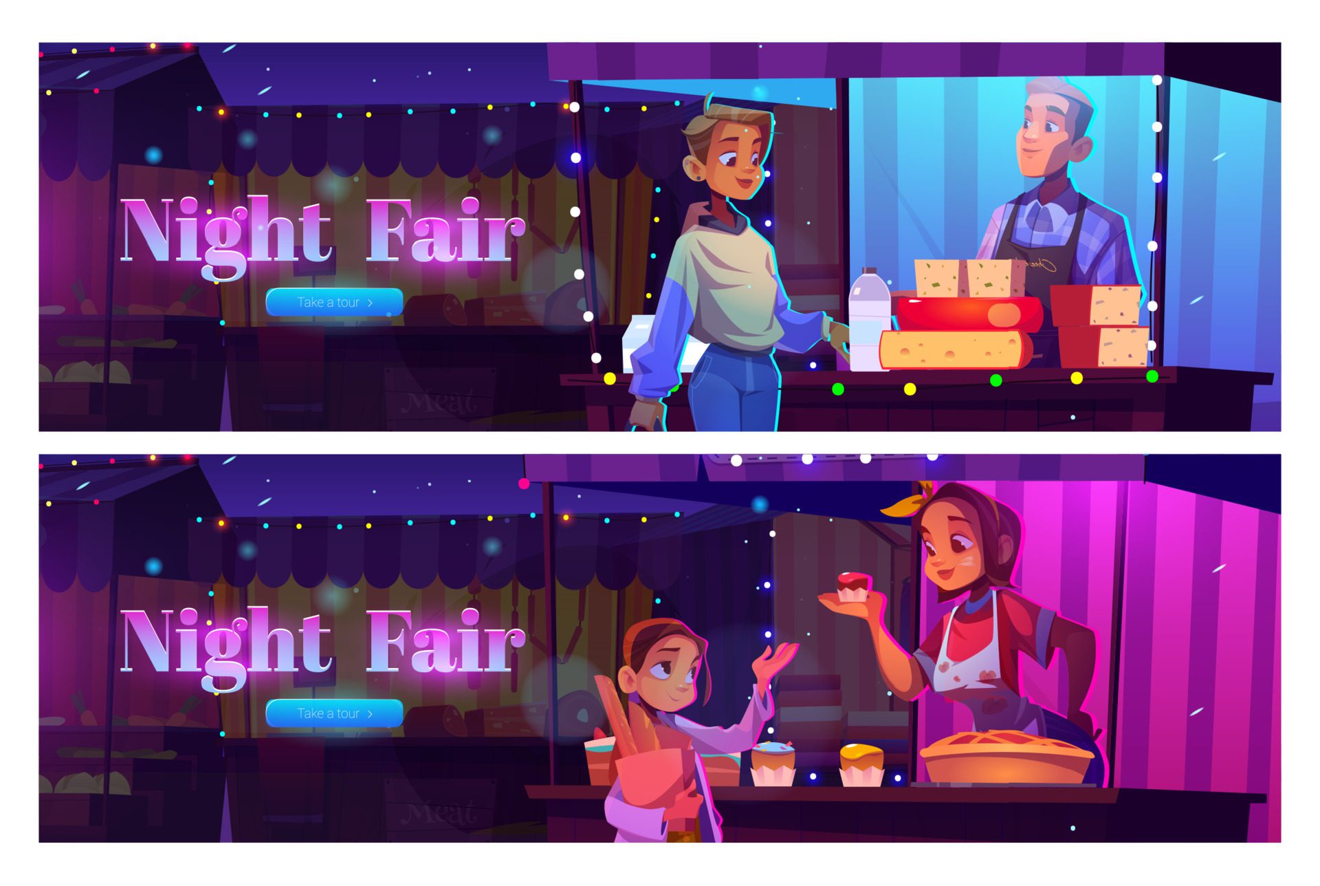 Night fair cartoon web banner, people at market Free Vector