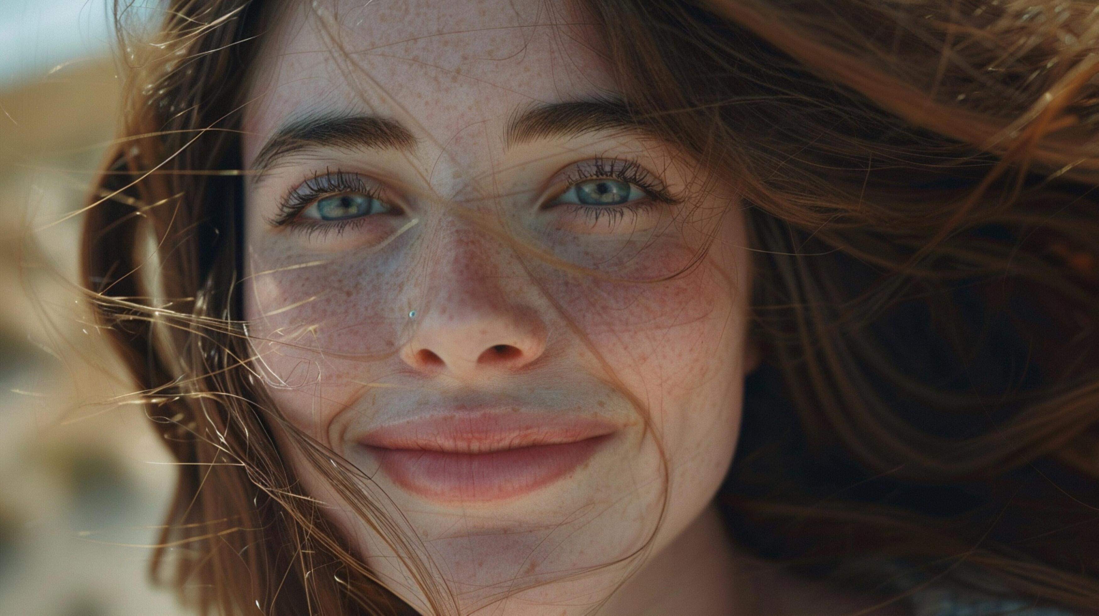 young woman with long brown hair smiling Stock Free