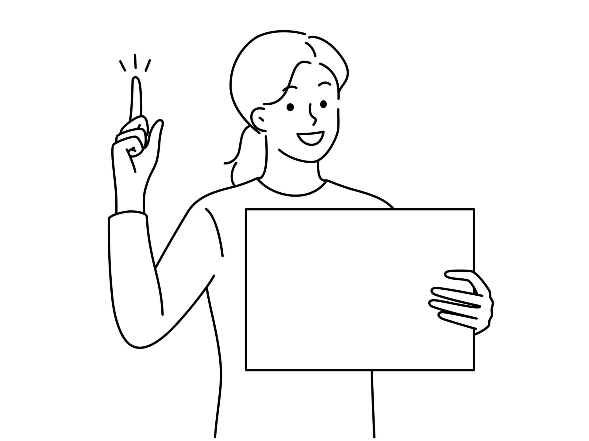 Smiling young woman hold blank poster card point up with finger. Happy girl with empty mockup placard show upward with finger. Vector illustration. Free Vector