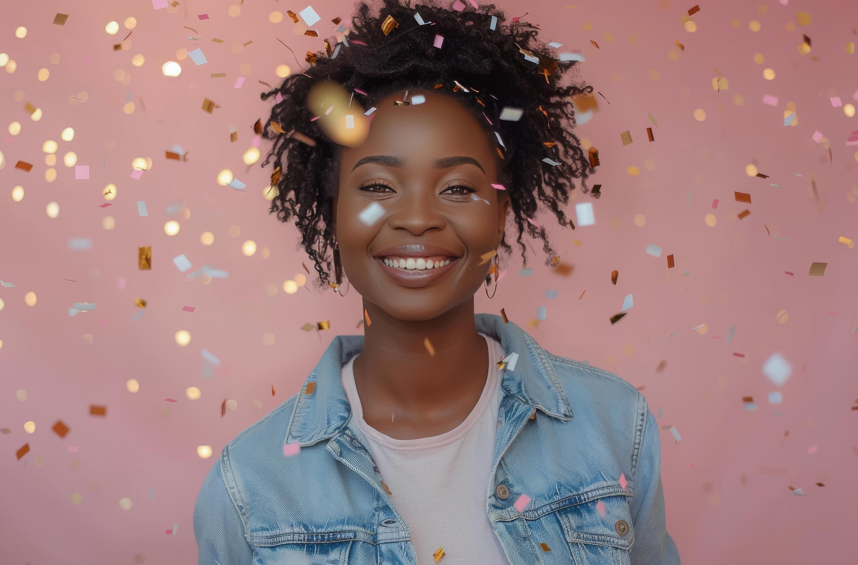 Happy Woman Smiling With Confetti Falling On Pink Background Stock Free