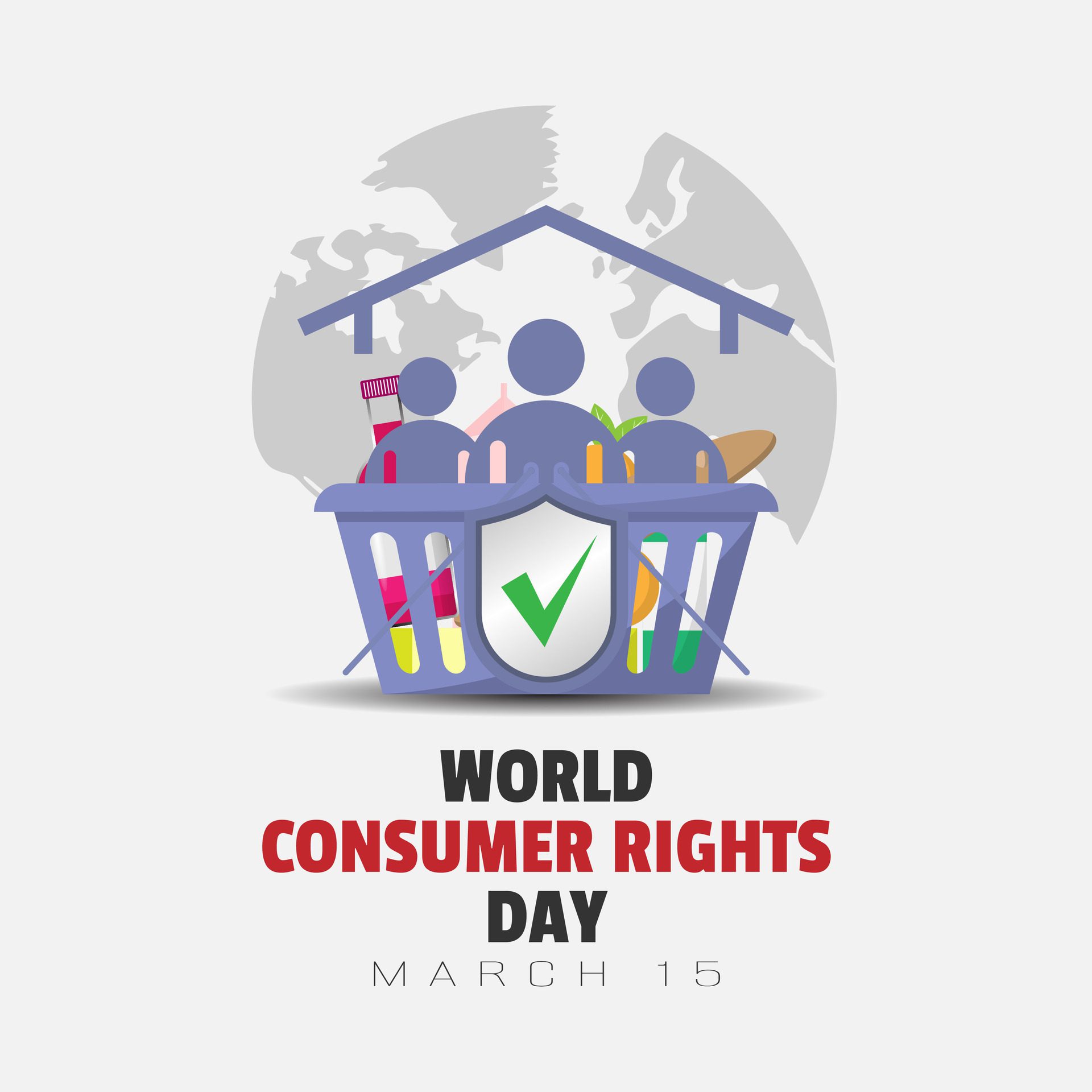 World Consumer Rights Day poster with people and baskets full of shopping took refuge under the roofs Free Vector