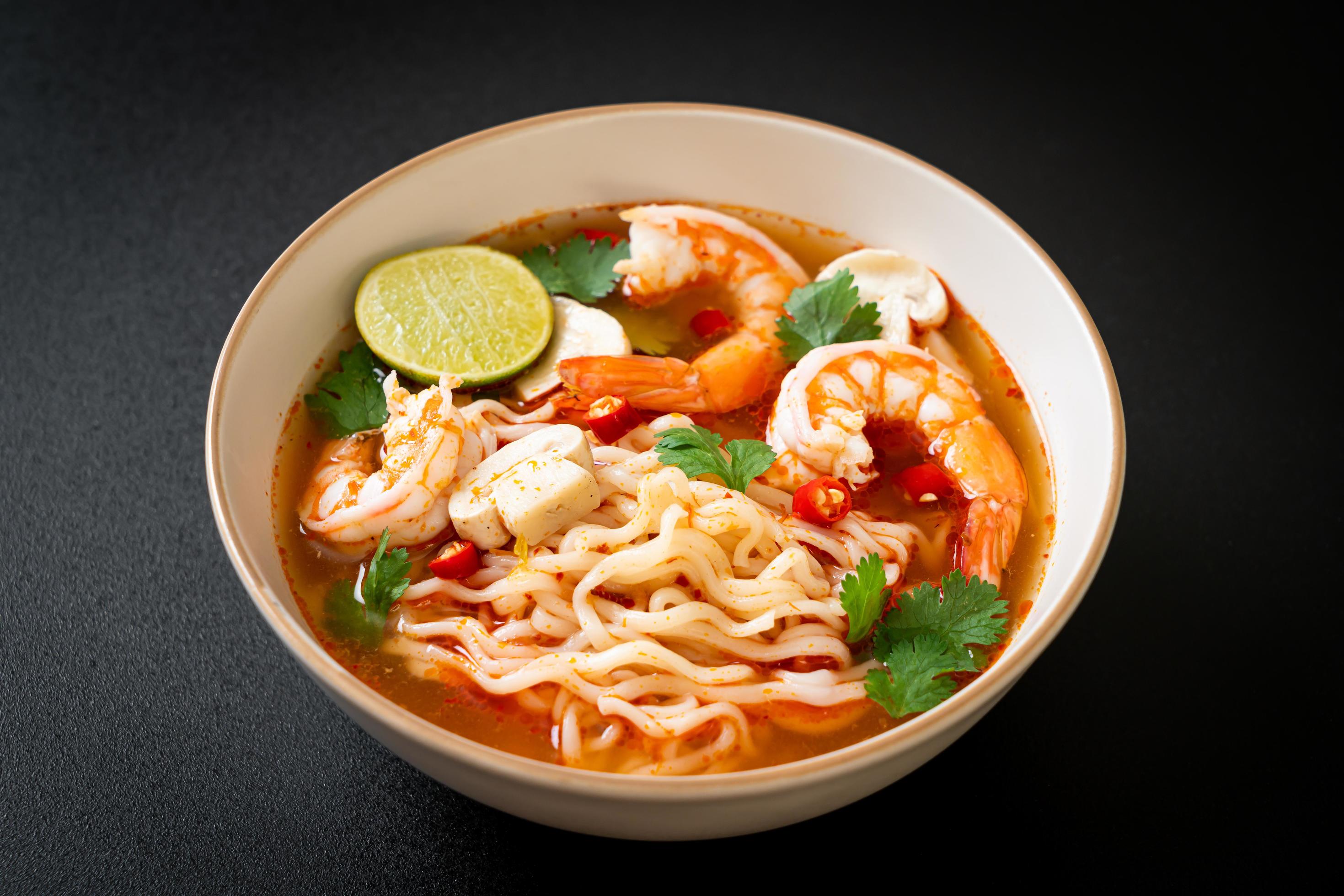 
									Instant noodles ramen in spicy soup with shrimps, or Tom Yum Kung – Asian food style Stock Free