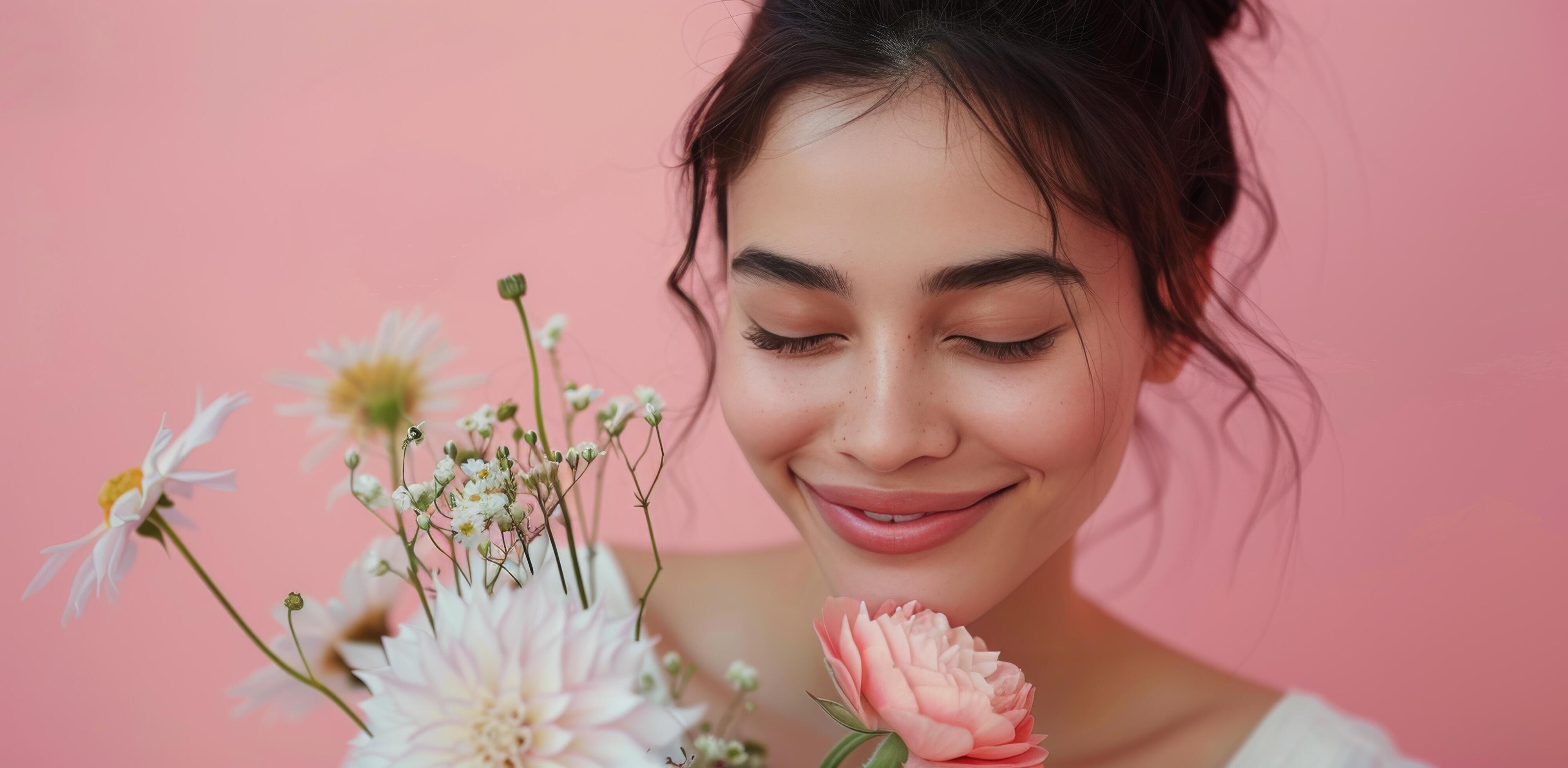 Woman With Pink Flowers Smiling Against a Pink Background Stock Free