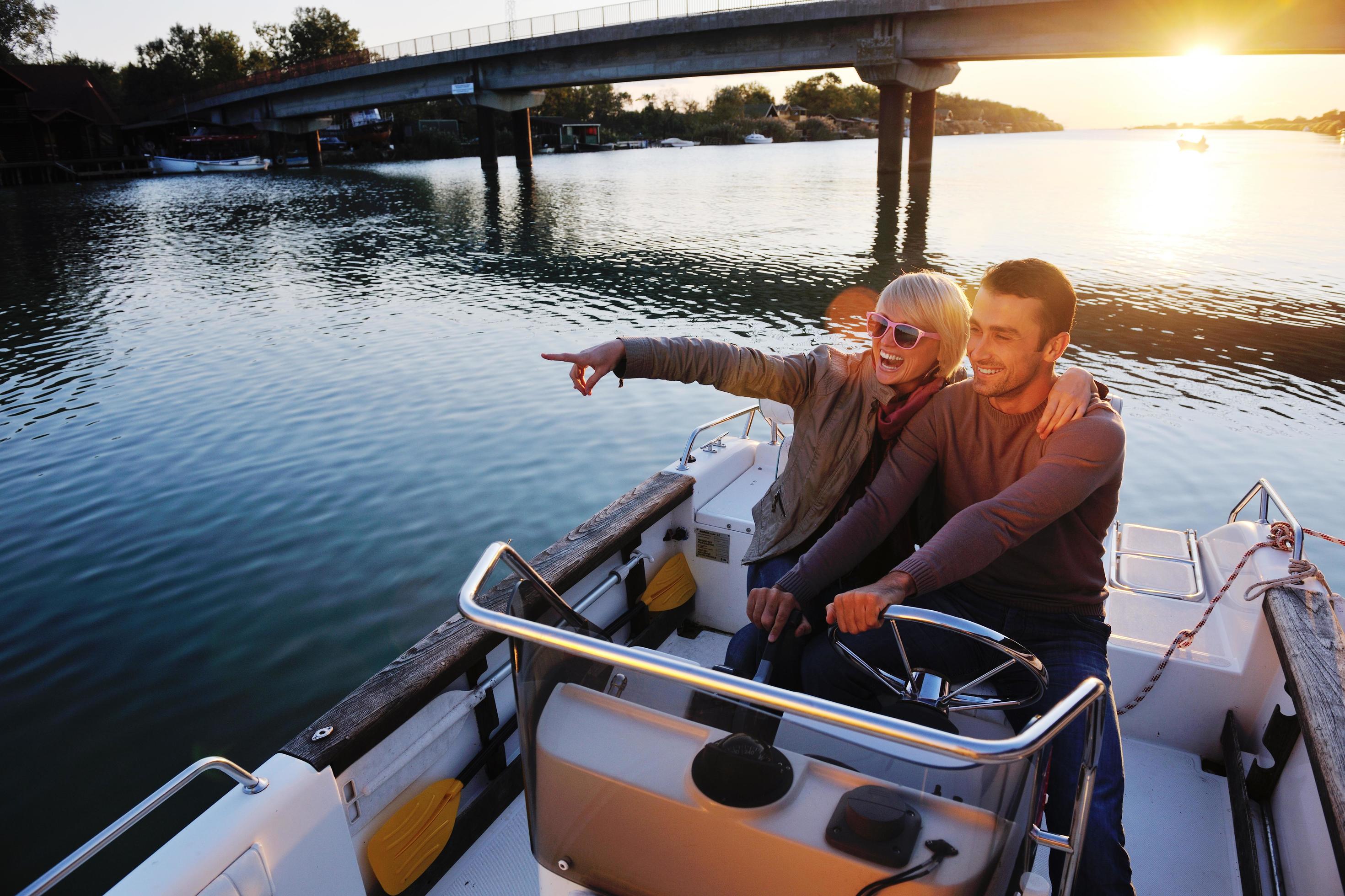 couple in love have romantic time on boat Stock Free