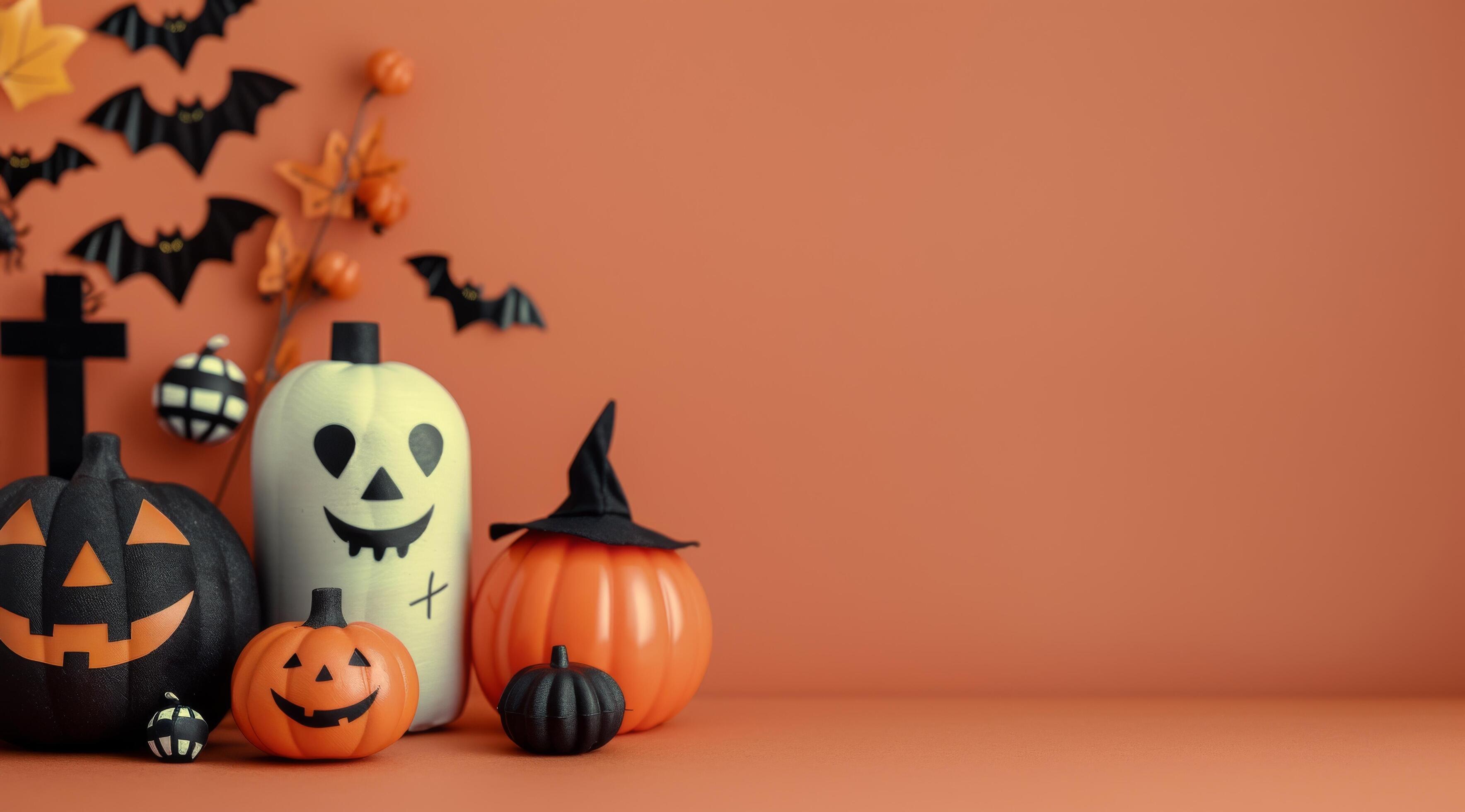 
									Halloween Pumpkins and Bats on Orange Background Stock Free