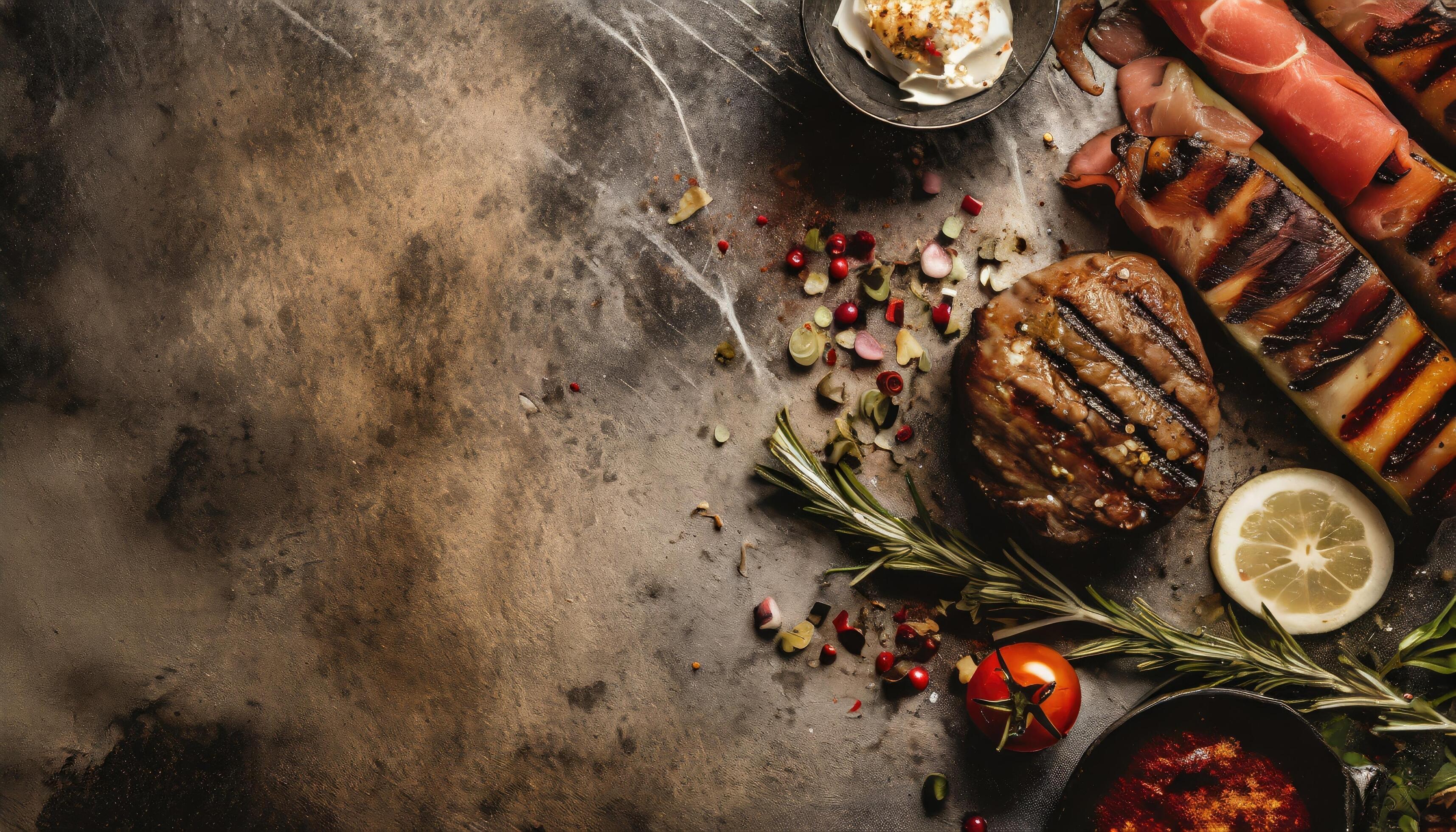 BBQ Grilled rib eye steak, fried rib eye beef meat on a plate with green salad. Dark background. Stock Free