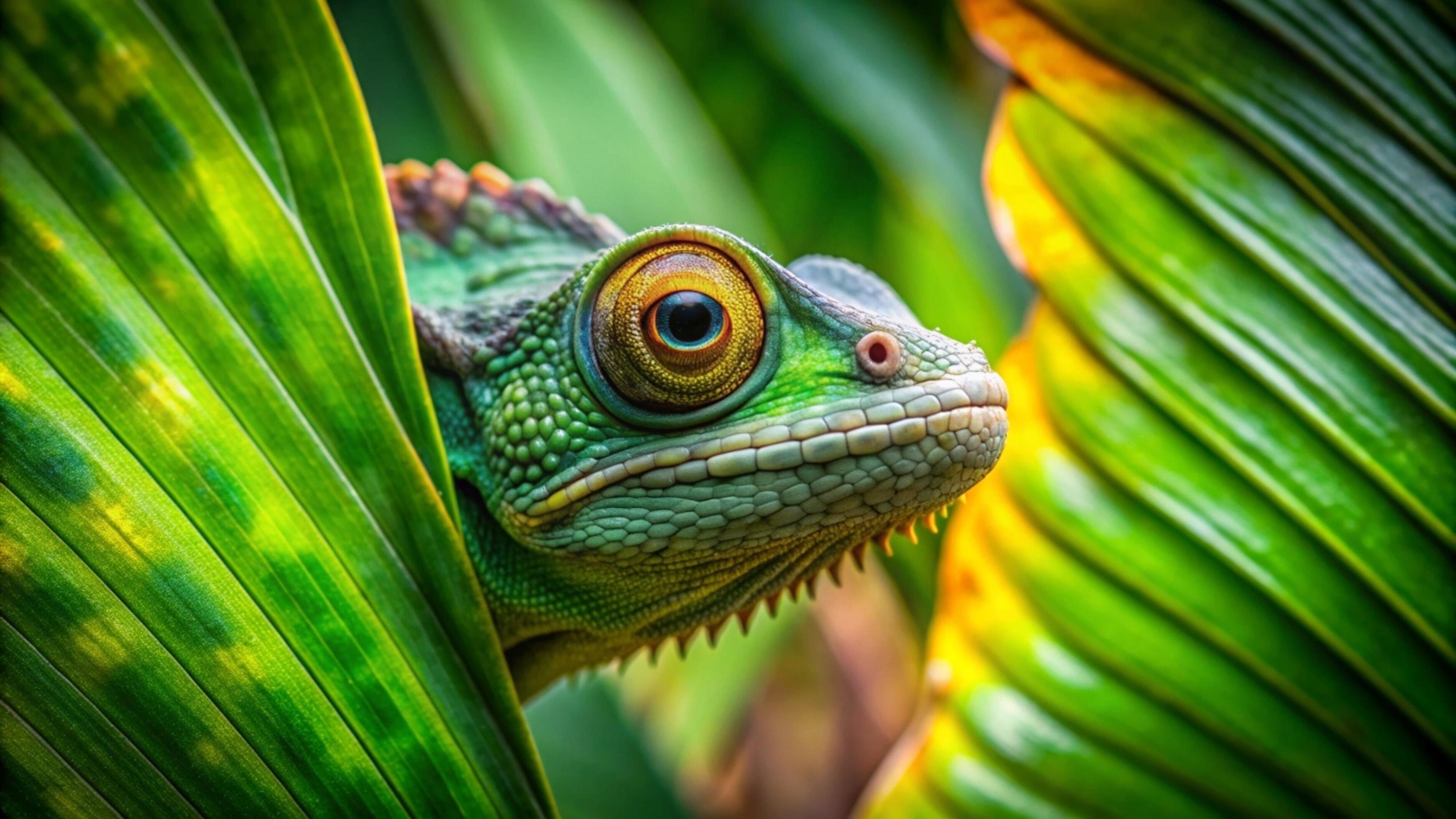 A vibrant chameleon camouflaging against a lush green forest background. Stock Free