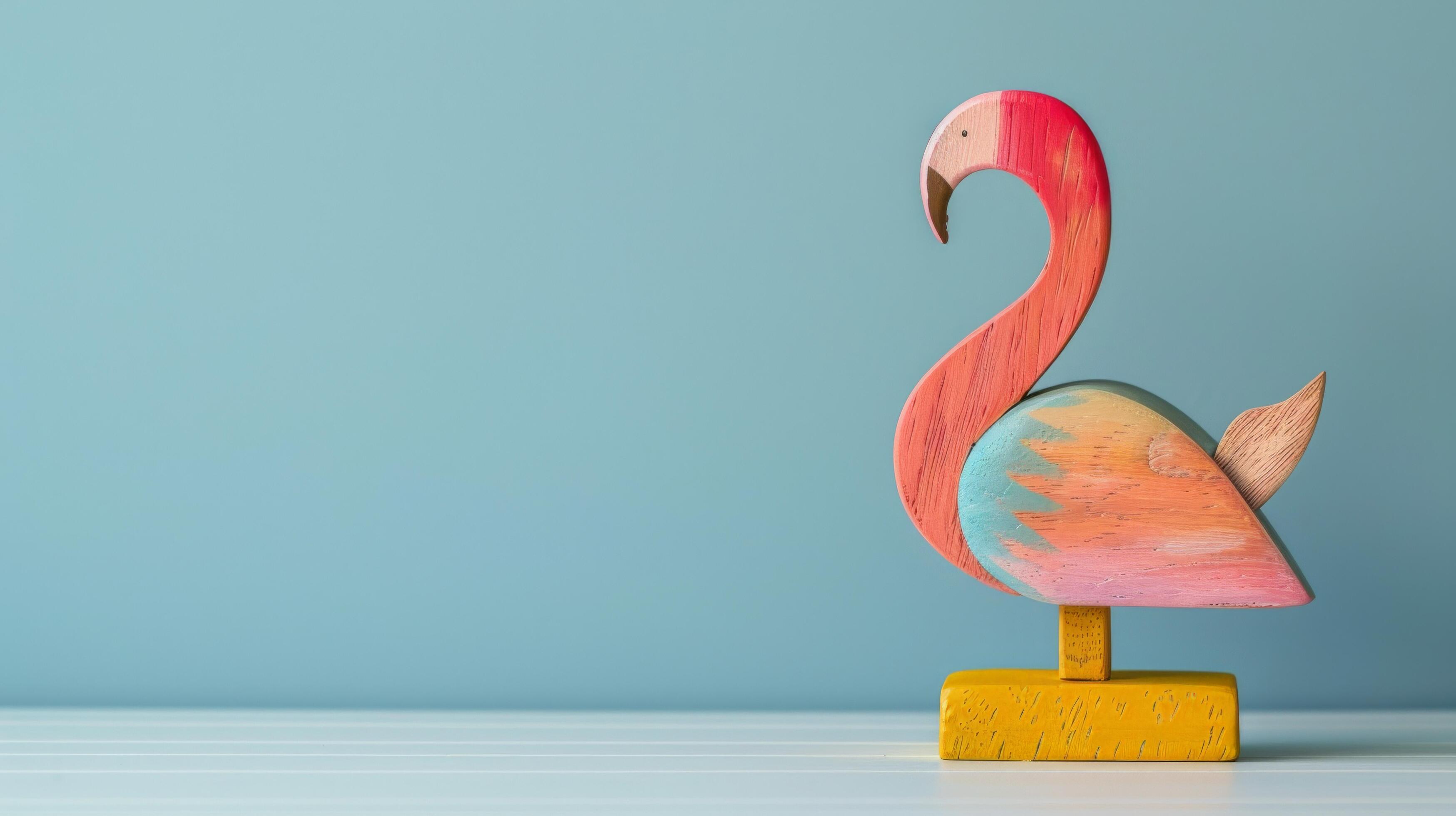 Colorful wooden flamingo on yellow stand against light blue background Stock Free