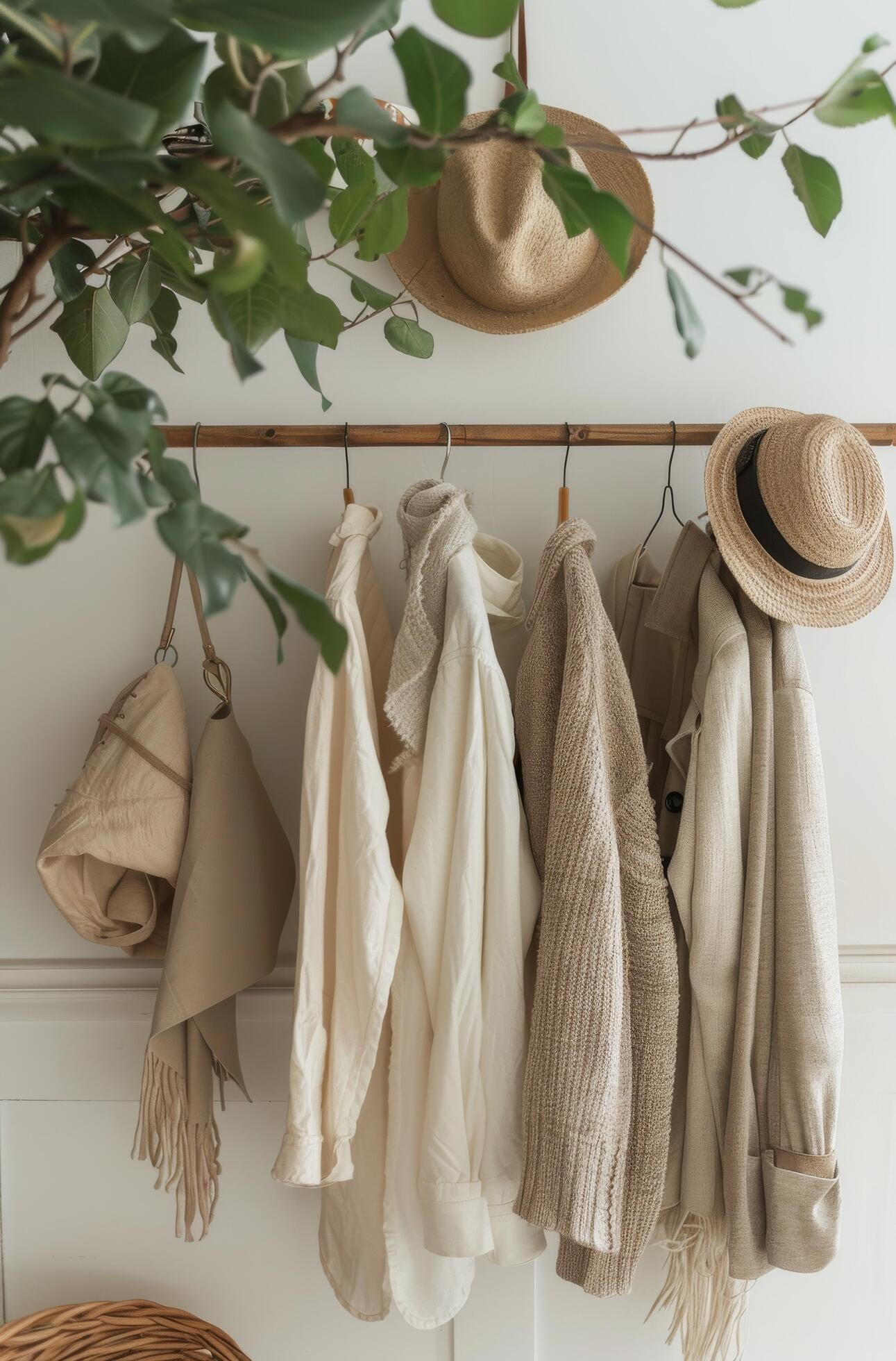 Neutral Knitted Sweaters Hanging on a White Closet Rod With Straw Hats Above Stock Free