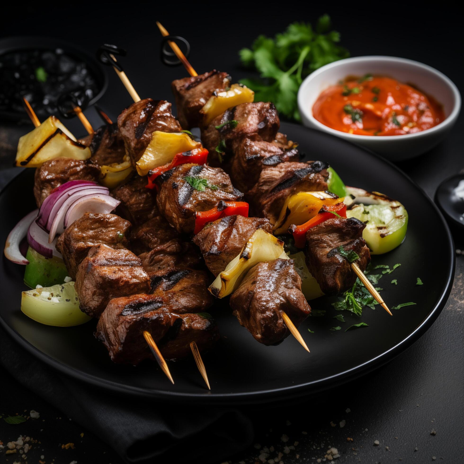 Photo of Grilled meat skewers shish kebab on black background. Photo for restaurant, menu, advertising, banner Stock Free