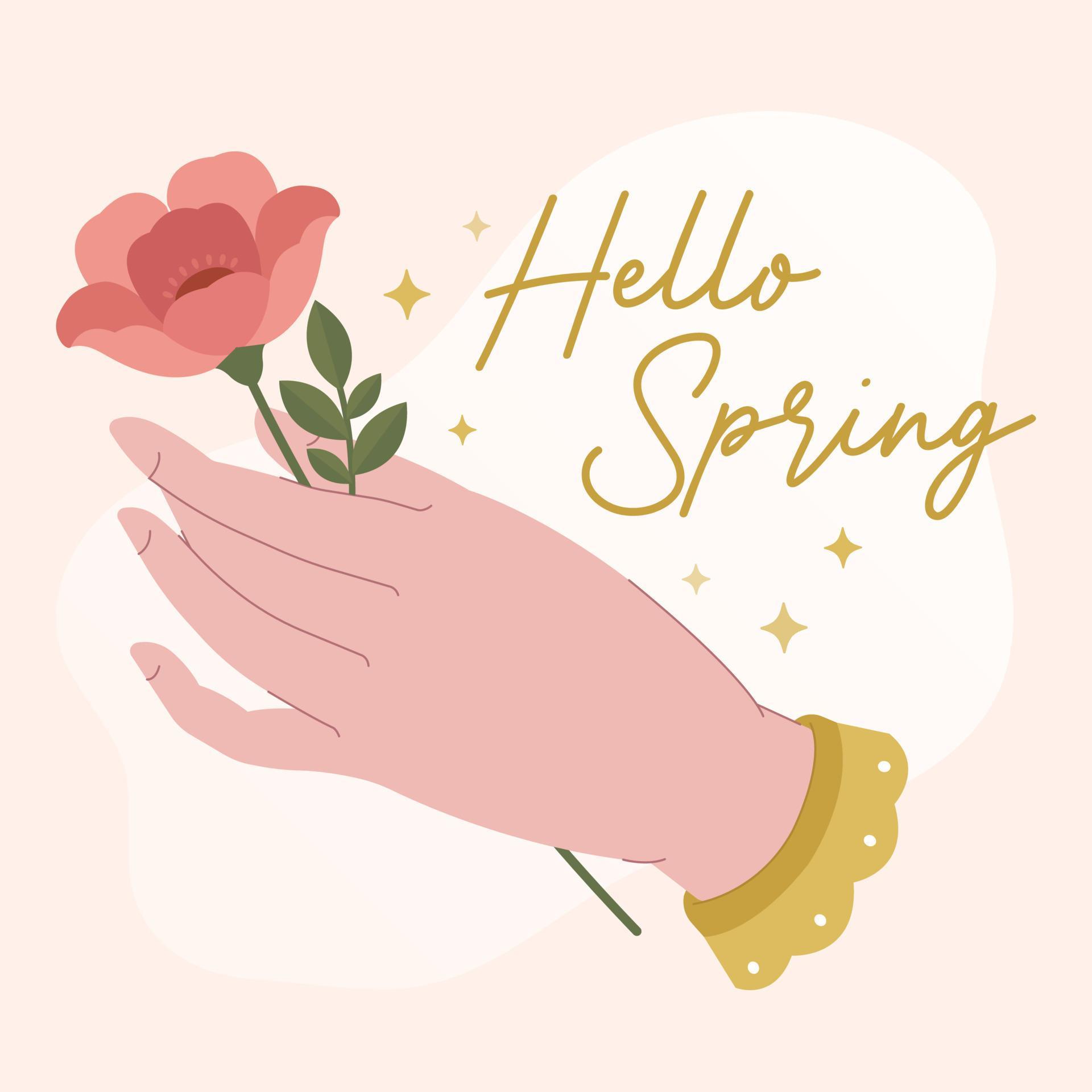 Spring banner with female hand holding flower and hand drawn lettering hello spring Stock Free