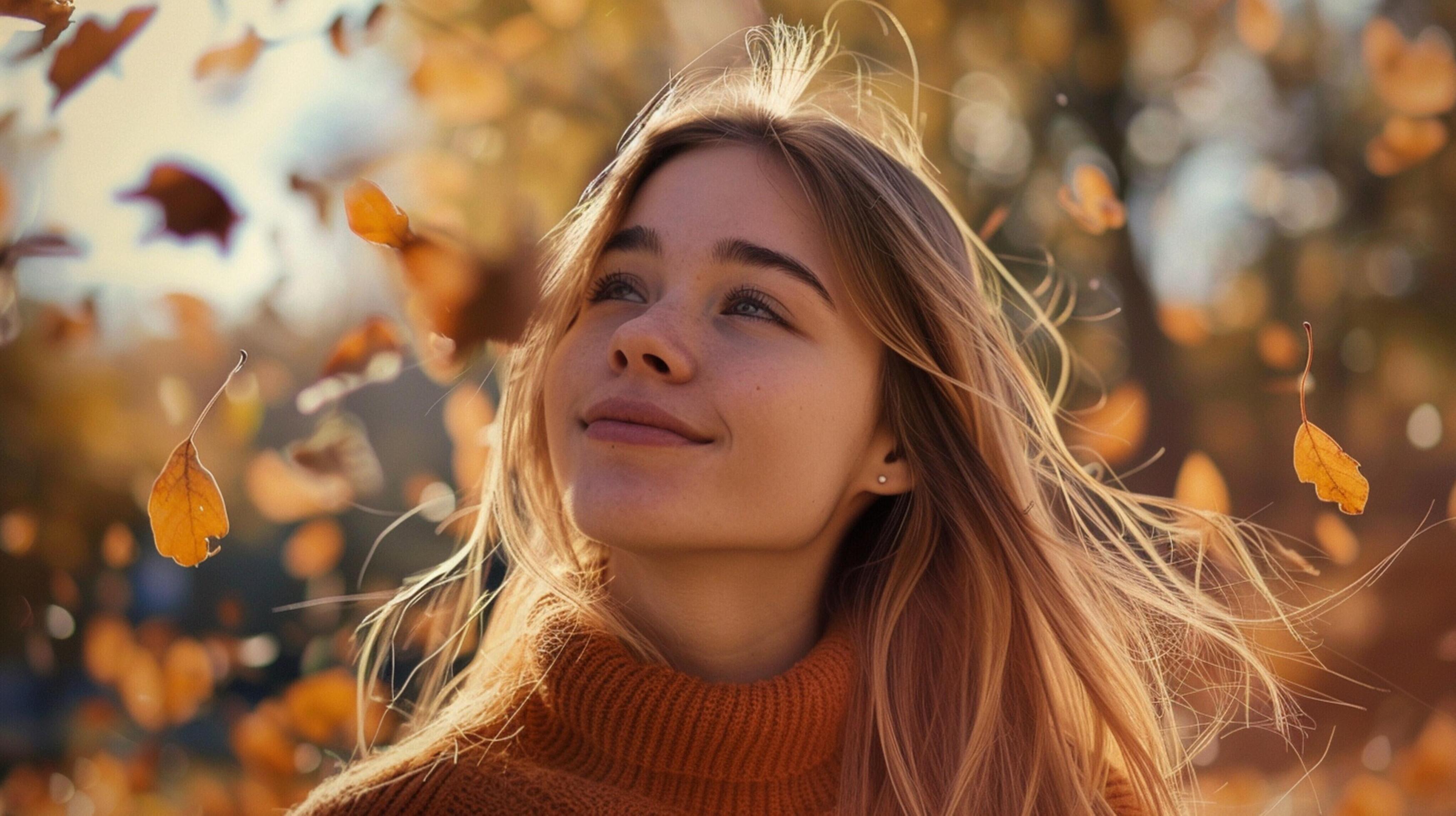 young woman with long blond hair enjoying autumn Stock Free