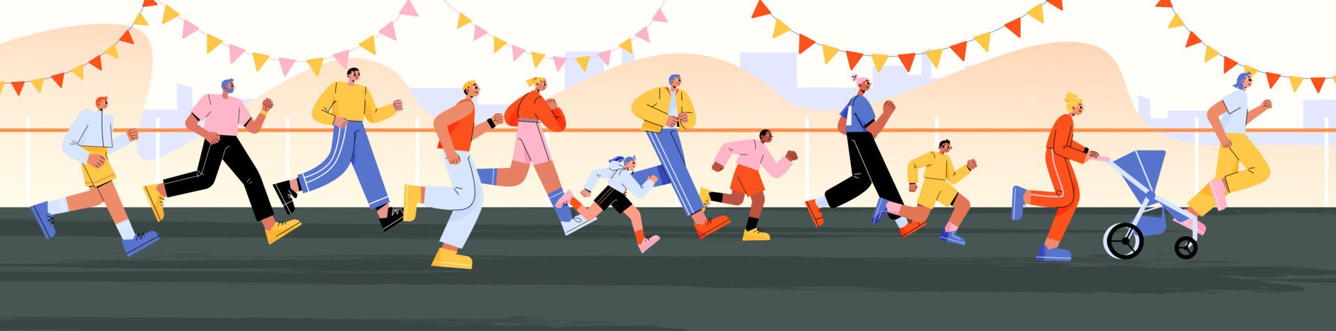 Marathon with running people, families with kids Free Vector