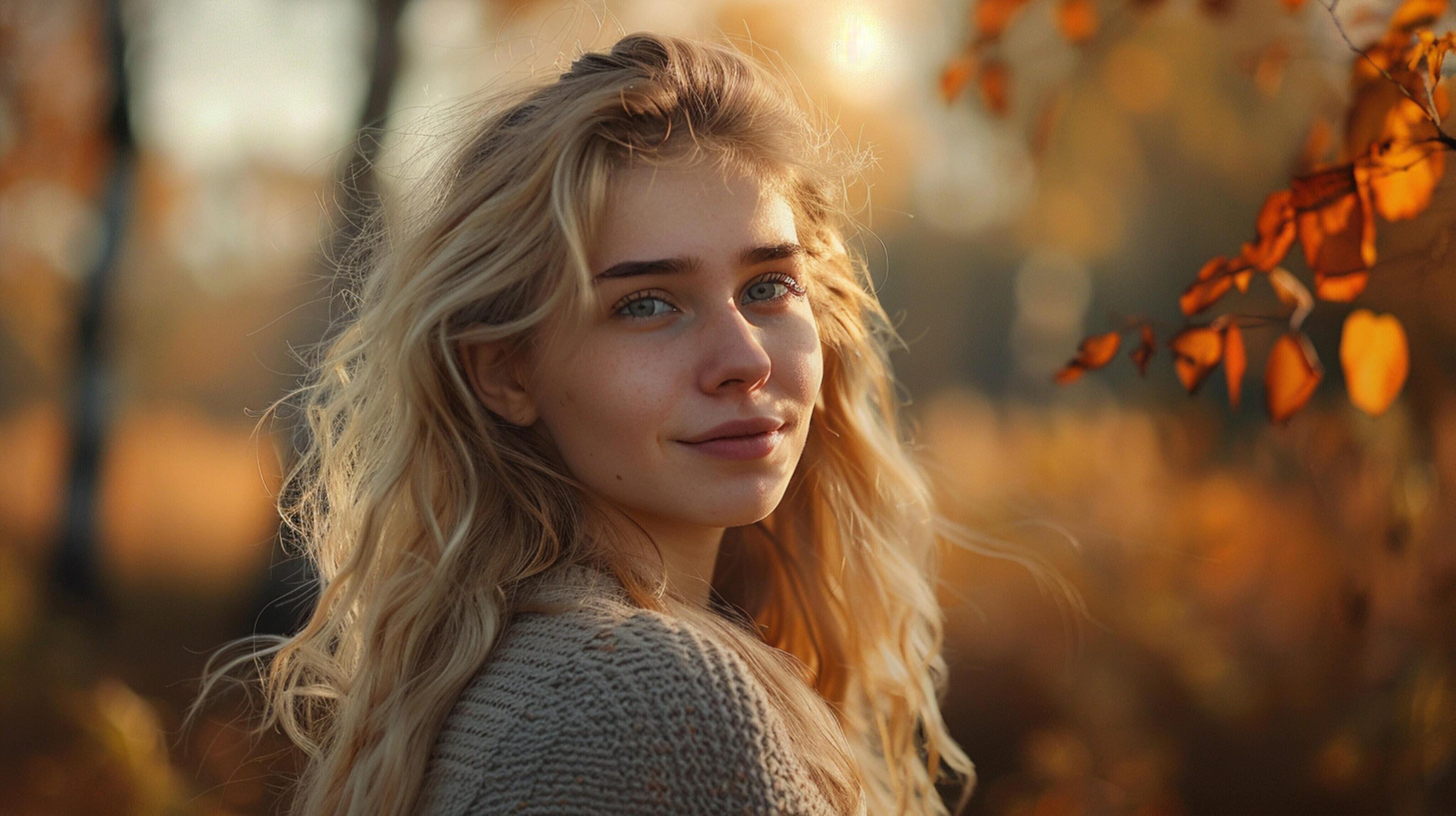 young woman with long blond hair enjoying autumn Stock Free