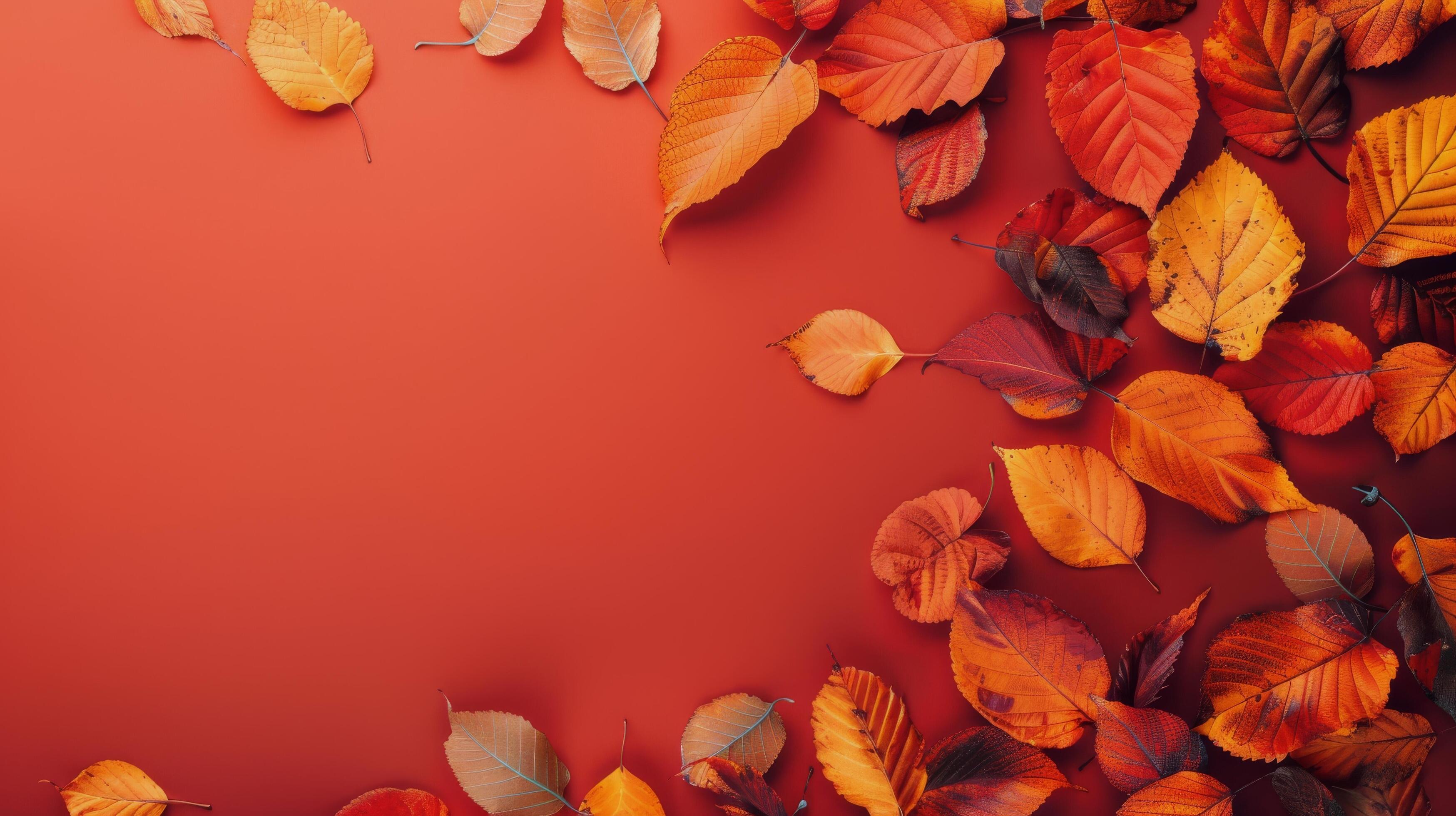 Autumn Leaves on Red Background Stock Free