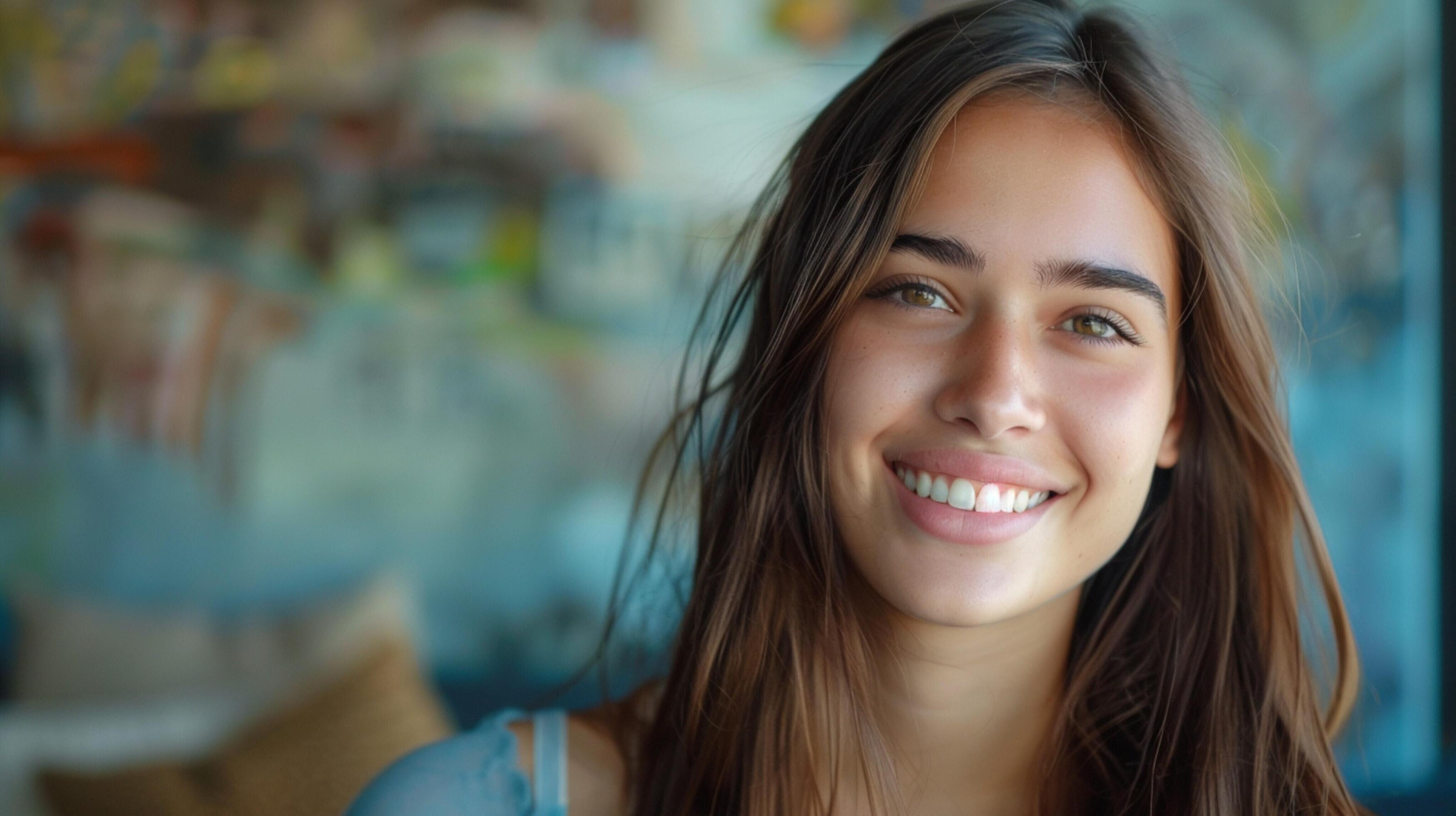 young woman with long brown hair smiling Stock Free