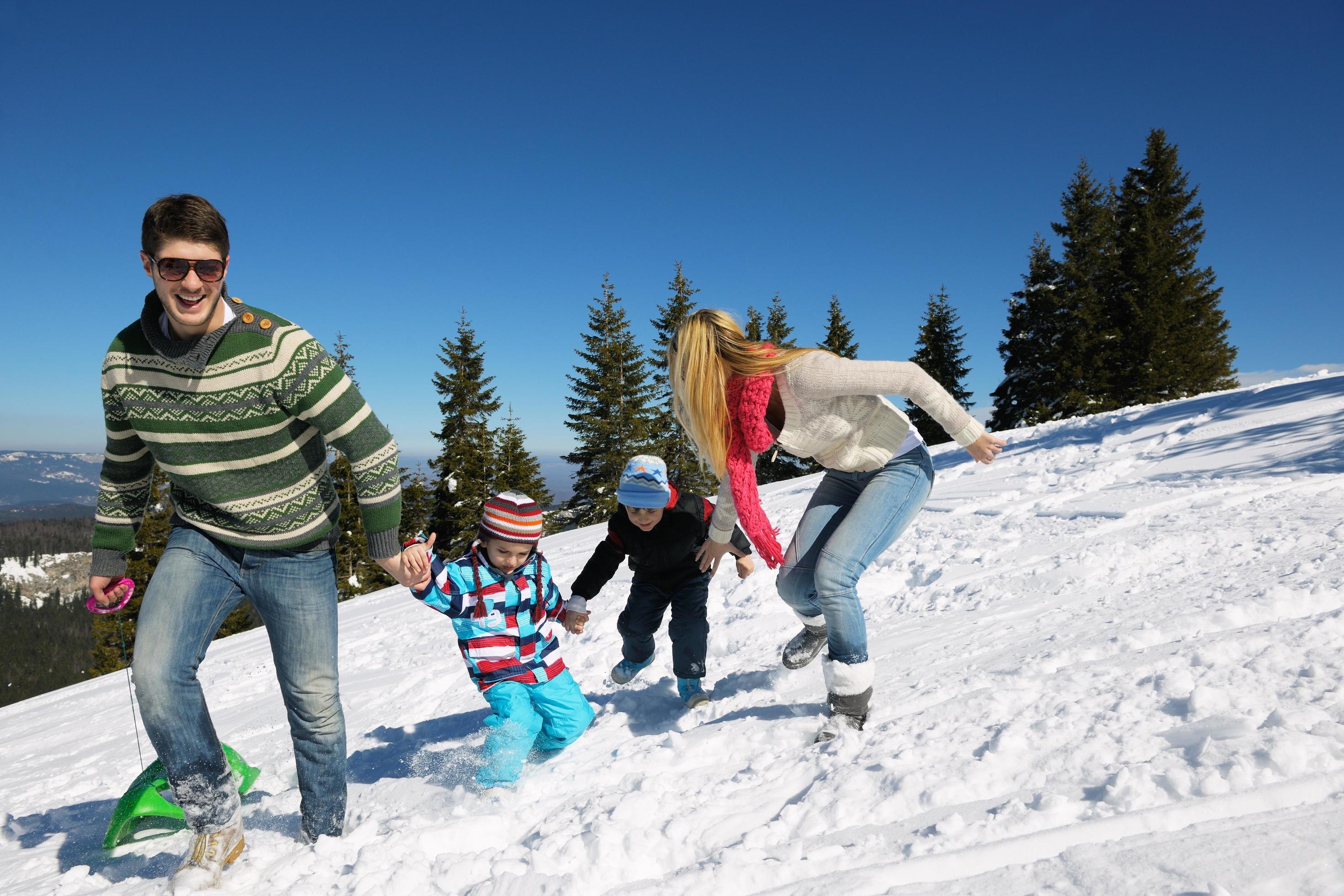 family having fun on fresh snow at winter Stock Free