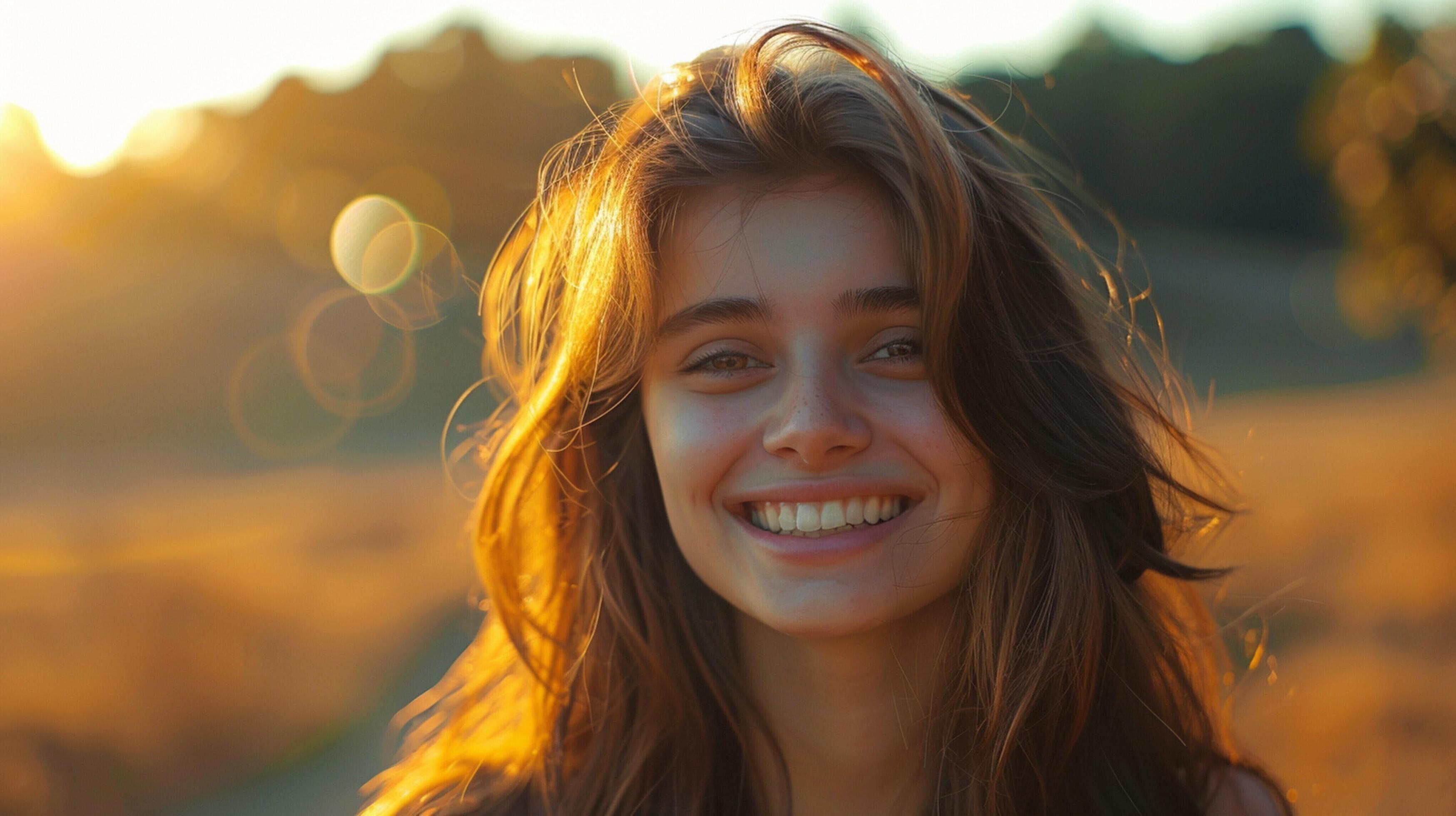 young woman with long brown hair smiling Stock Free