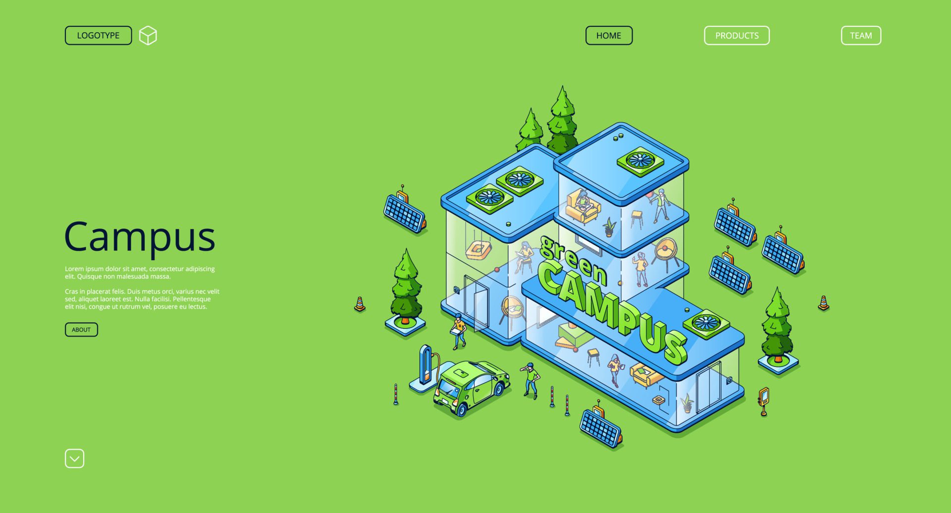 Green campus isometric landing page, people work Free Vector